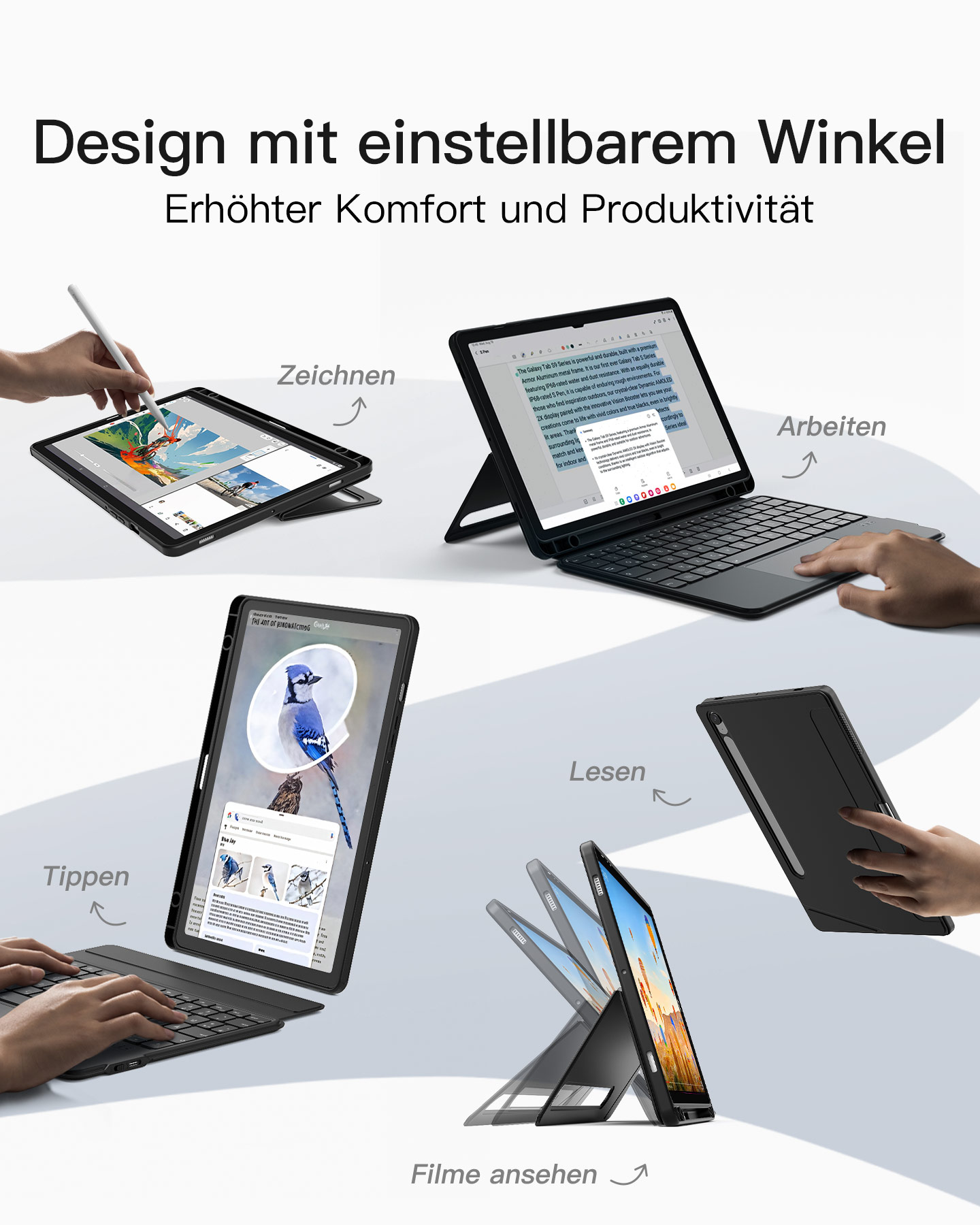 Ein Tablet wird in verschiedenen Modi verwendet: Zeichnen, Arbeiten, Lesen und Filme ansehen.