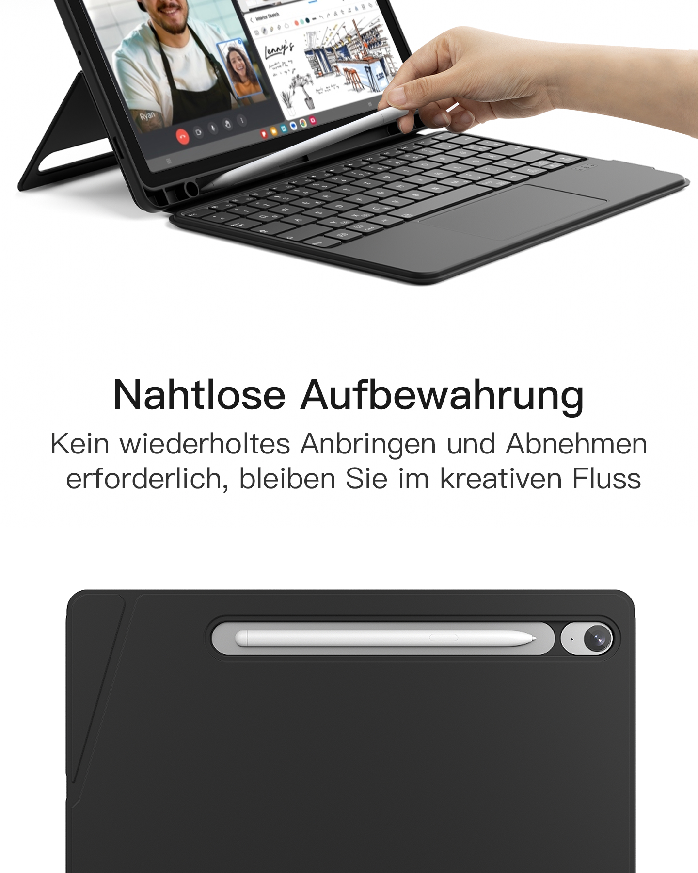 Ein Tablet auf einer Tastaturhülle mit Stift in Gebrauch. Das Bild ist auf Deutsch.