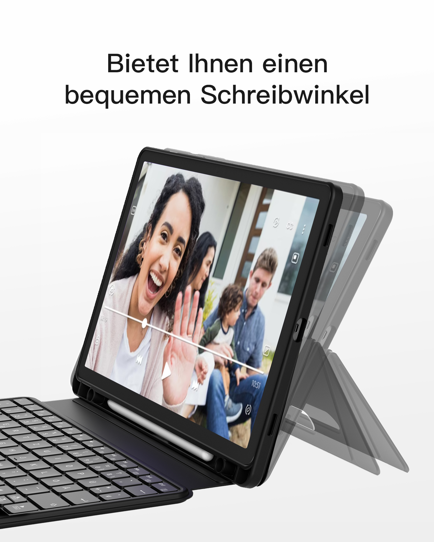 Tablet mit Videoanruf, Verwendung einer Tastaturhülle, mit Text auf Deutsch.