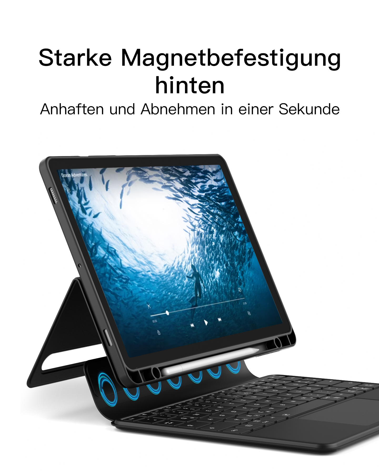 Tablet mit Tastaturhülle und Stift. Text auf dem Bild auf Deutsch.