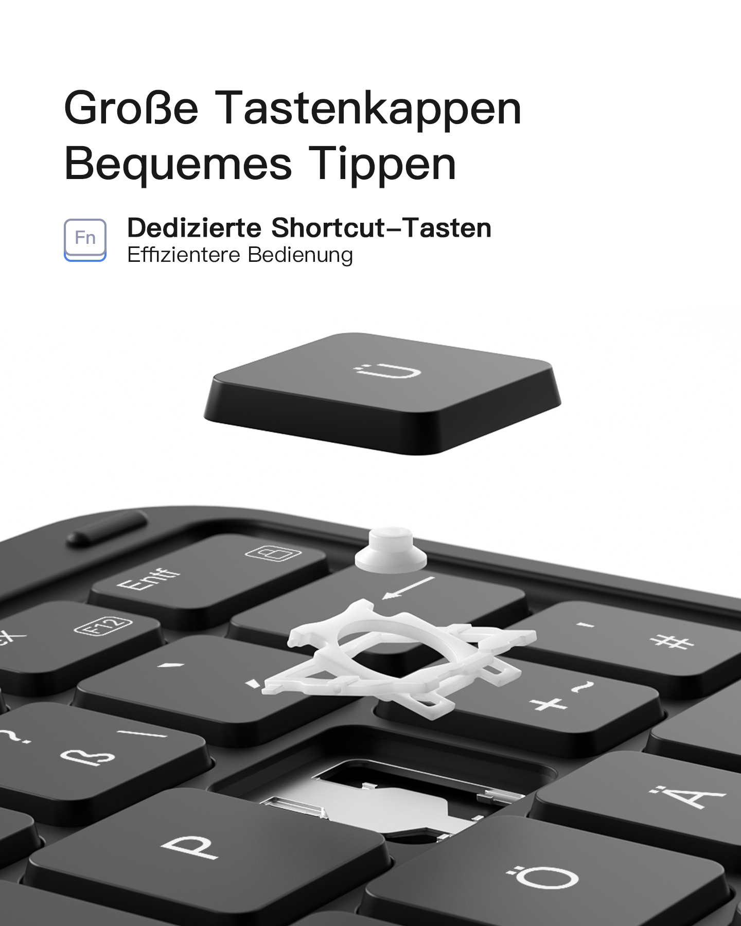 Tastaturtasten und der interne Mechanismus. Text auf dem Bild auf Deutsch.