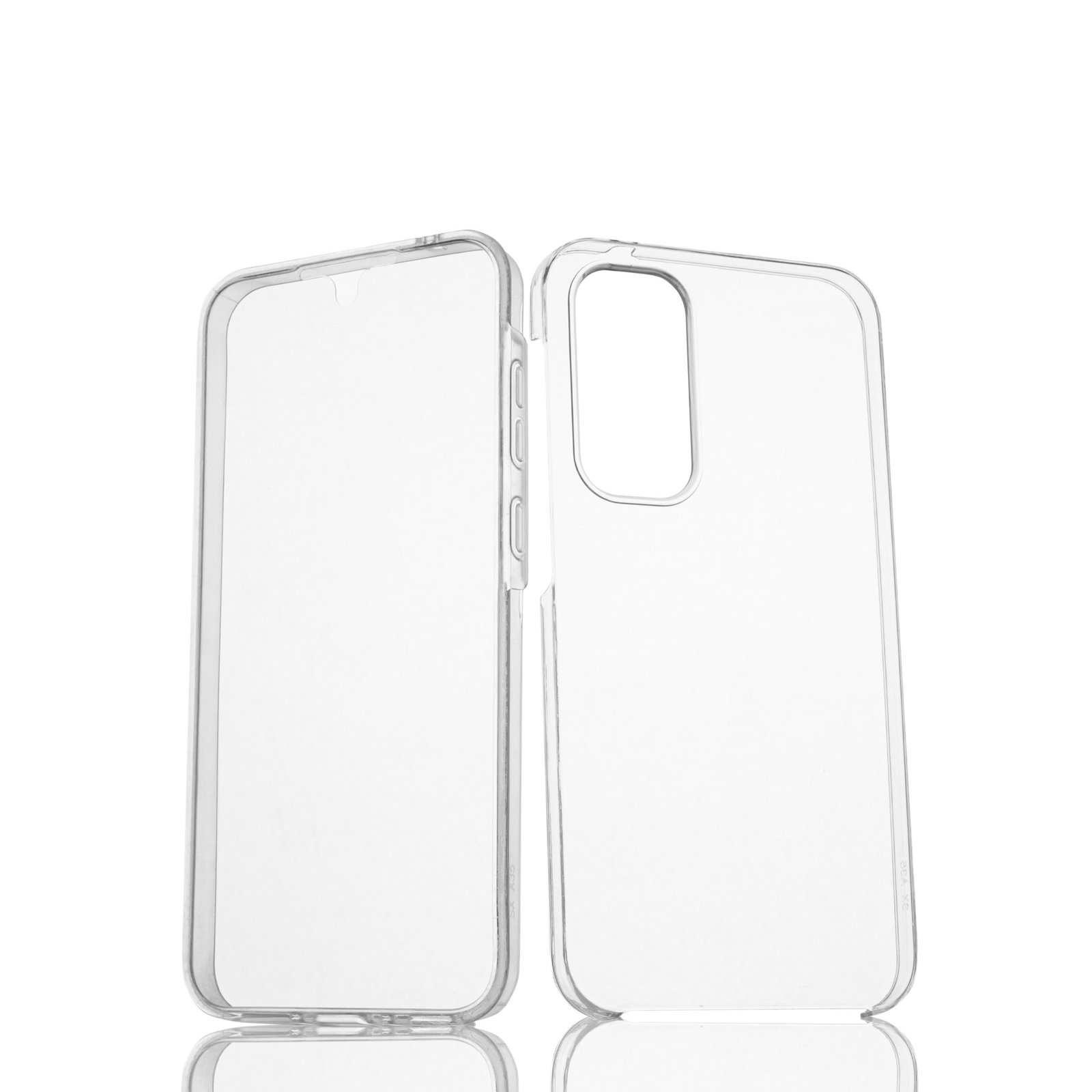 Dos fundas transparentes para teléfono, una abierta, fondo blanco.