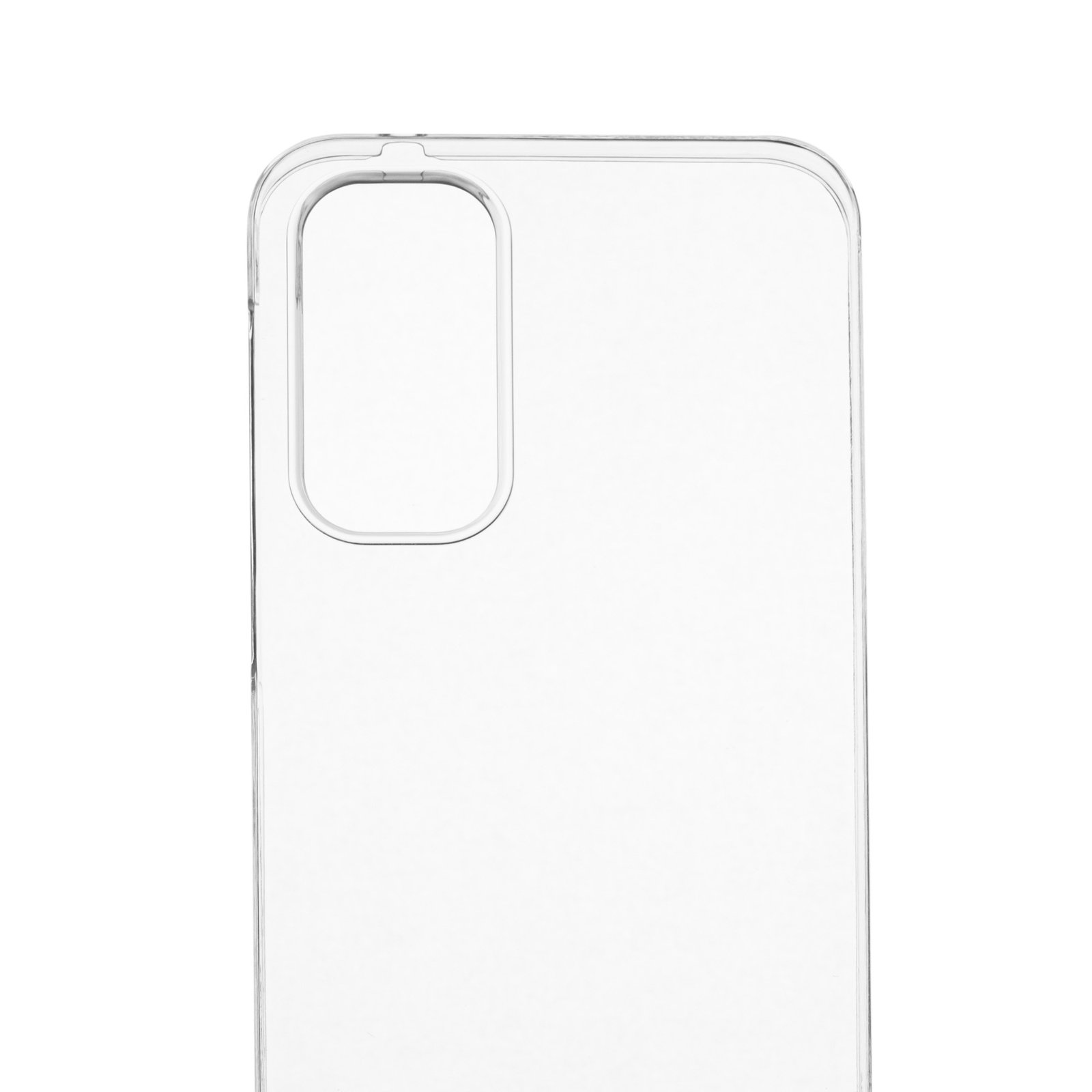 Primer plano de la parte trasera de una funda transparente, con recorte para la cámara. Fondo blanco.