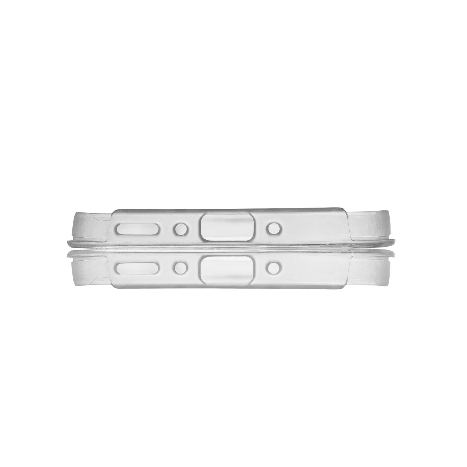 Dos fundas de teléfono transparentes apiladas, mostrando recortes para botones y puertos.