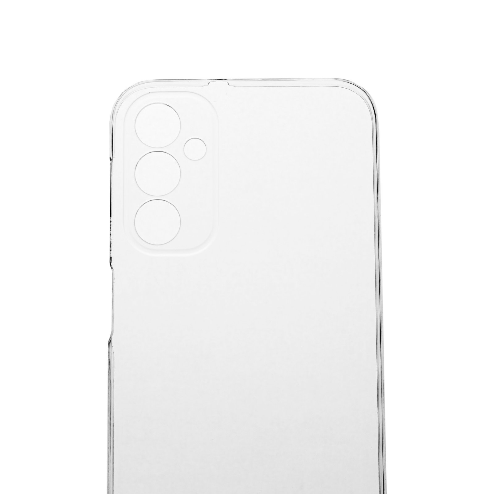 Primer plano de la parte trasera de una funda transparente para teléfono, con recorte para cámara y tres recortes circulares.