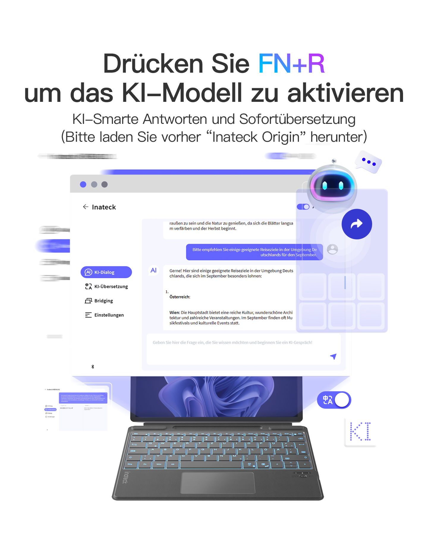Eine Werbung mit Text und Illustrationen einer Tastatur und eines Bildschirms mit Text.
