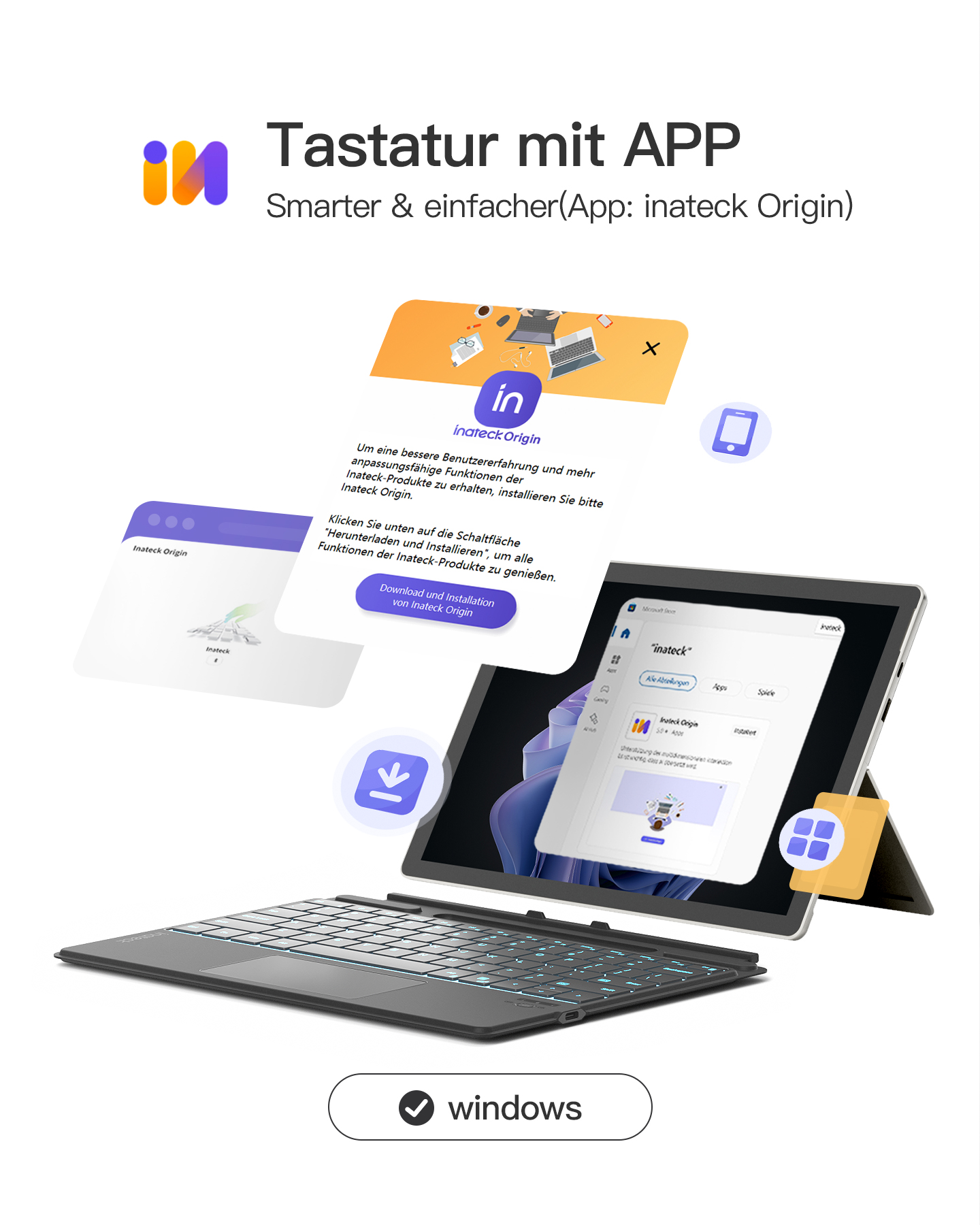 Tablet mit Tastatur und App-Oberfläche, mit einem Häkchen-Windows-Symbol.