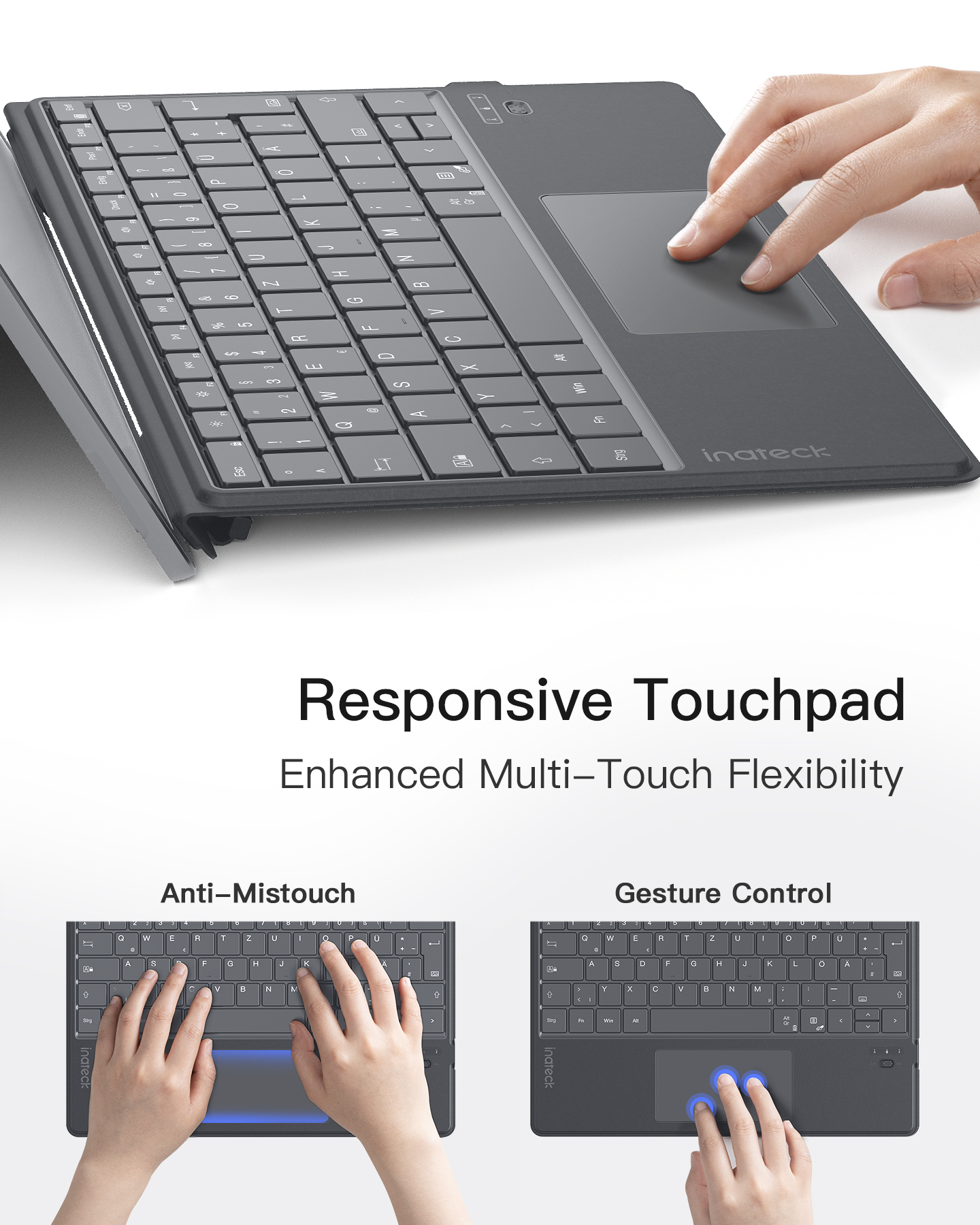 Eine Tastatur mit Touchpad und zwei kleinere Bilder, die Handgesten auf der Tastatur zeigen.