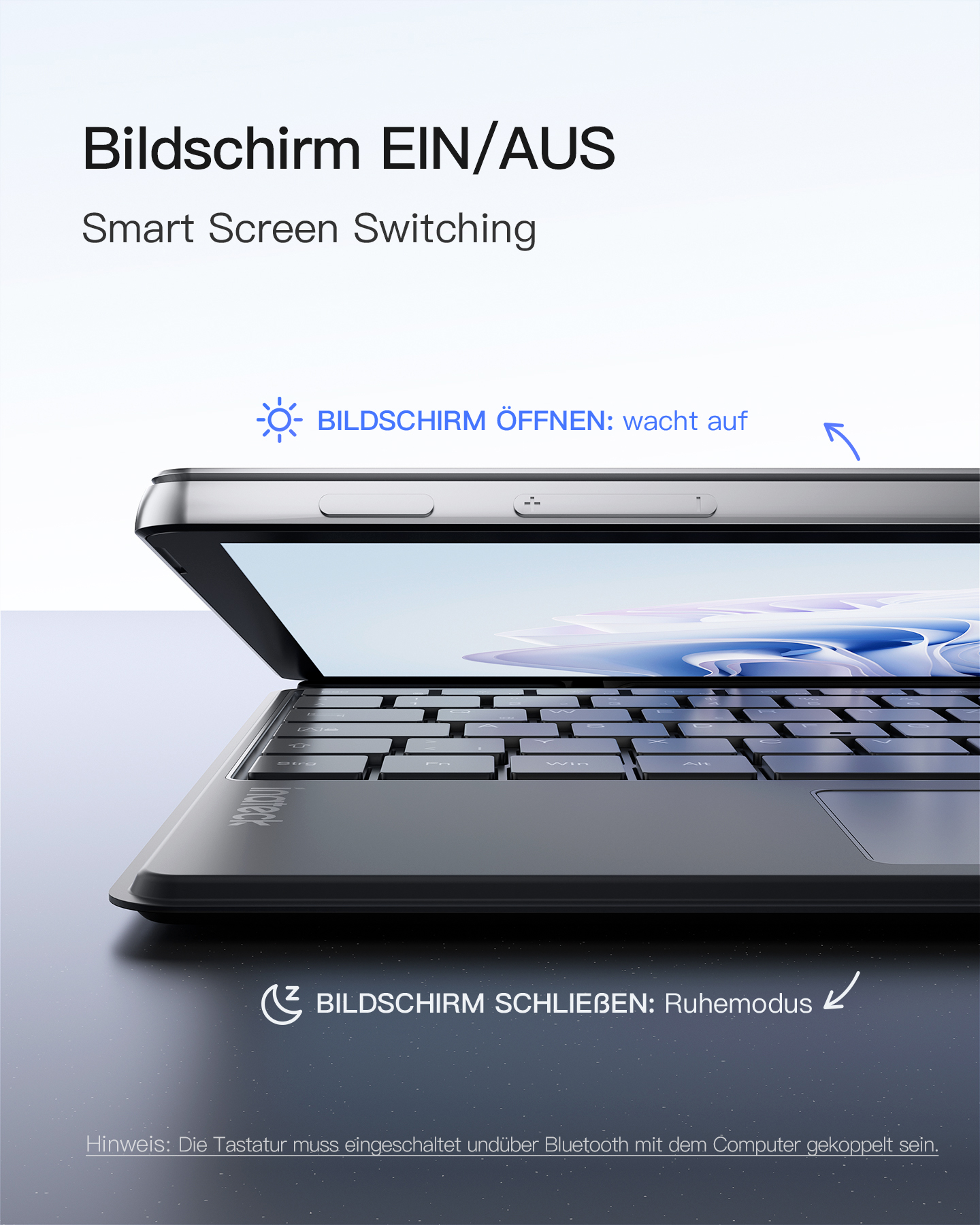 Ein Tablet mit Text und einem sich öffnenden Bildschirm. Das Tablet liegt auf einer dunklen Oberfläche.