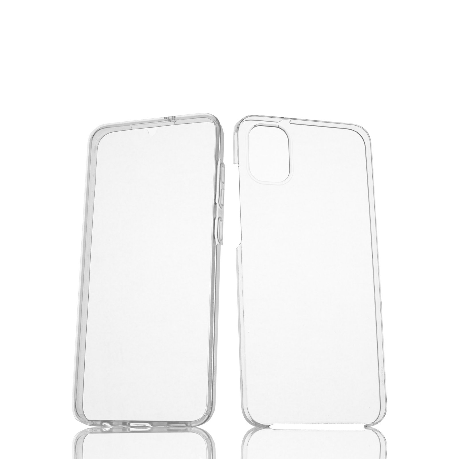 Dos fundas transparentes para teléfono, vista trasera, con fondo blanco.
