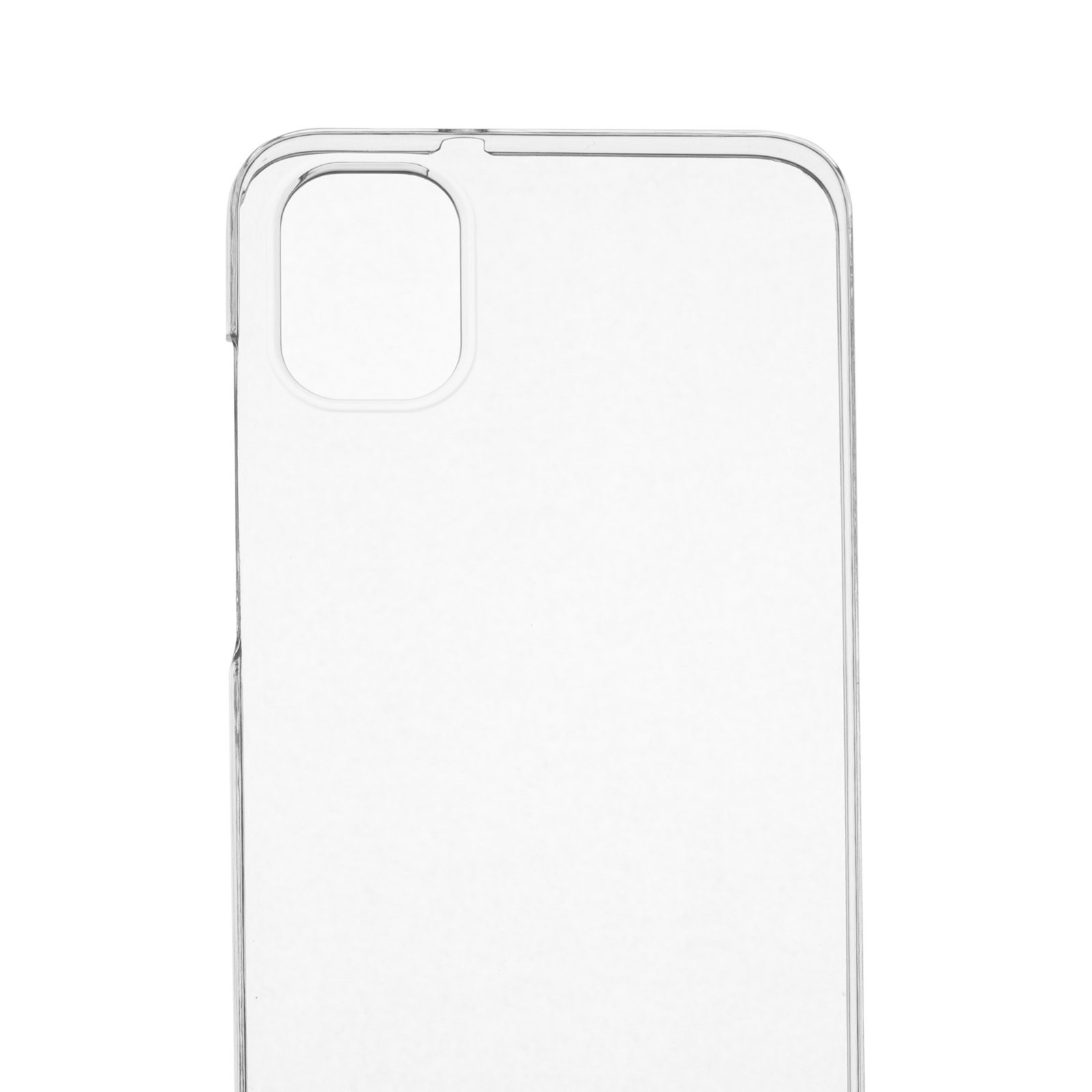 Una funda de teléfono es blanca y transparente. La funda tiene un recorte para la cámara.