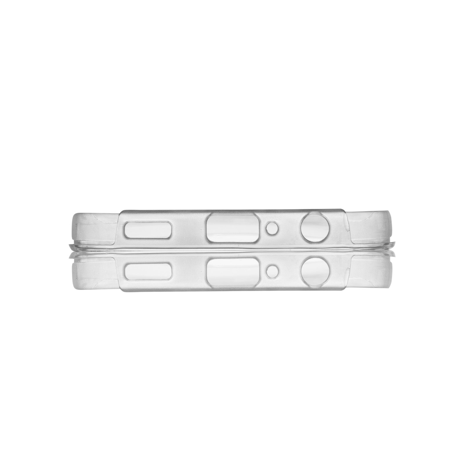 Dos fundas transparentes para teléfono, vista lateral, con fondo blanco.