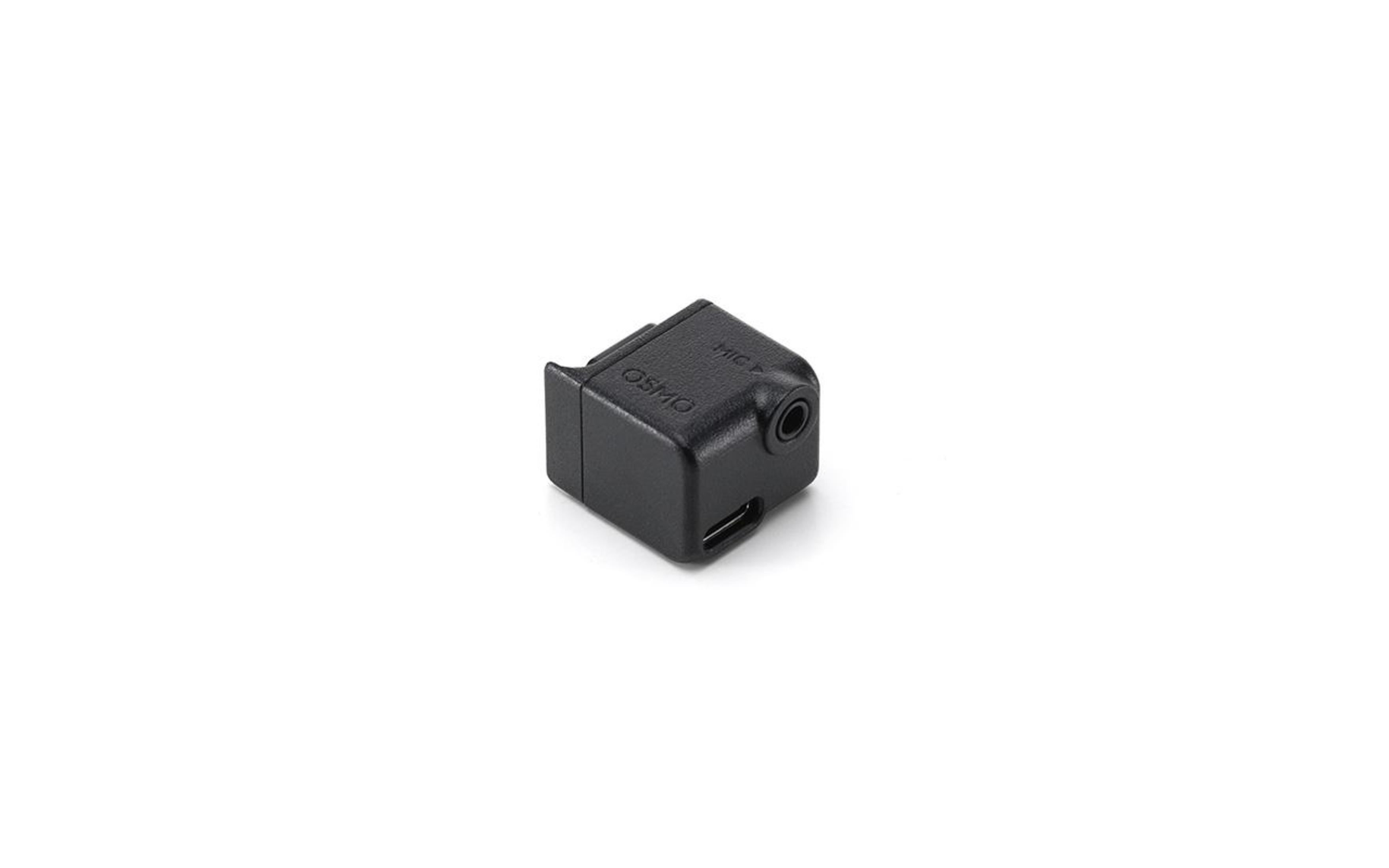 Schwarzer Osmo-Mikrofonadapter auf Weiß. Mikrofon, USB-C-Anschluss und Osmo-Label.