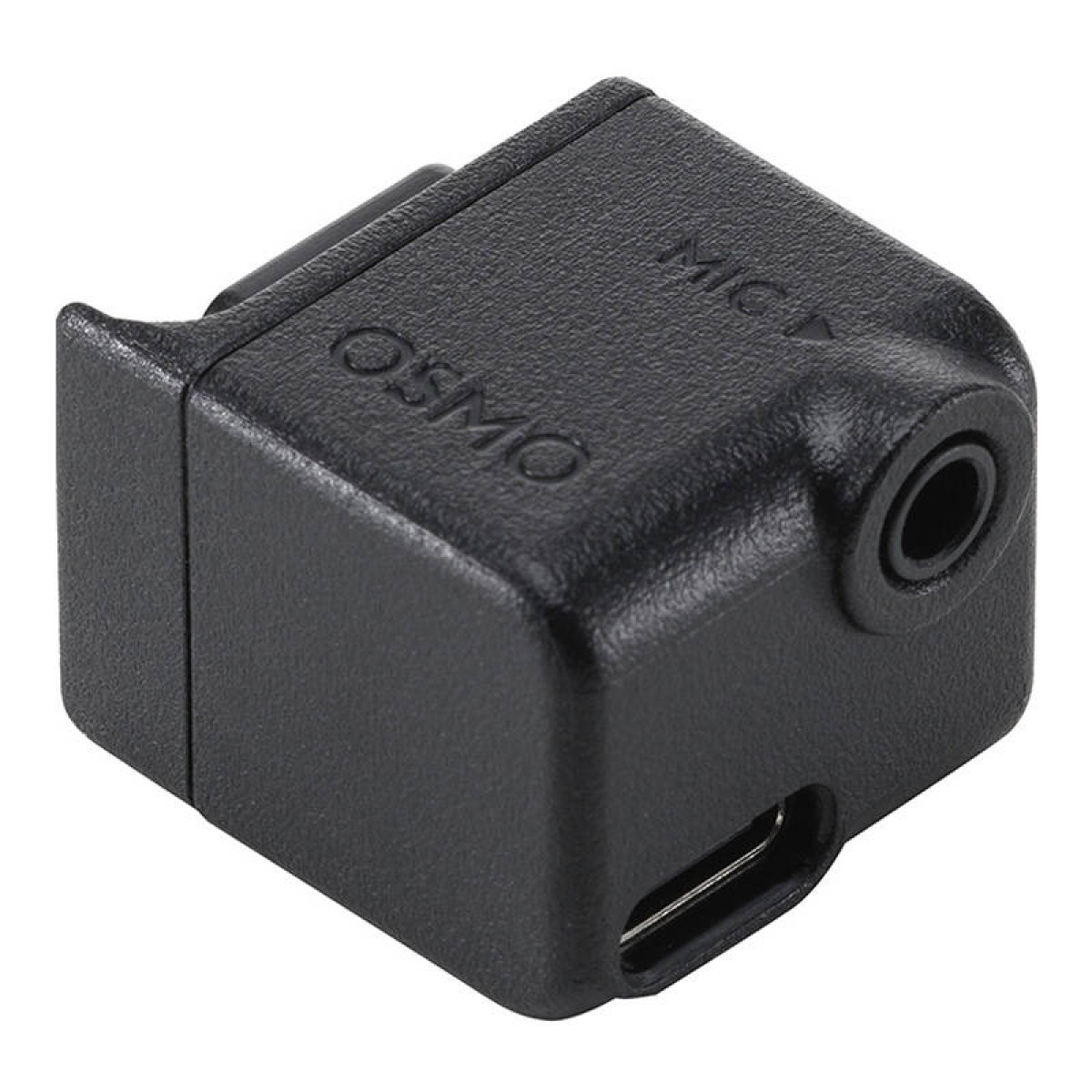 Schwarzer Adapter mit Anschlüssen und Text. Weißer Hintergrund.