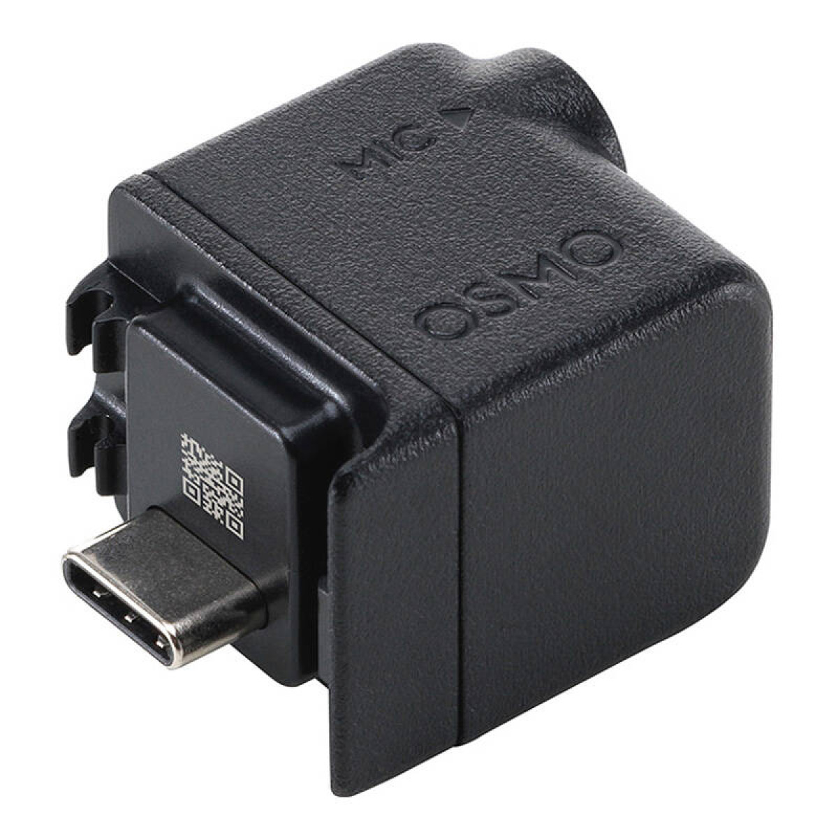 Schwarzer Adapter mit Anschlüssen und Text. Weißer Hintergrund.