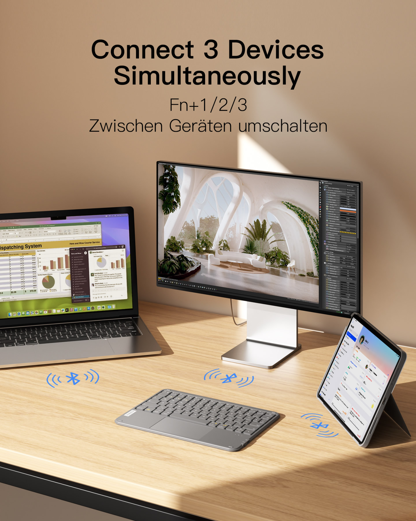 Eine Tastatur verbindet sich gleichzeitig mit 3 Geräten. Ein Laptop, Monitor und Tablet sind zu sehen.