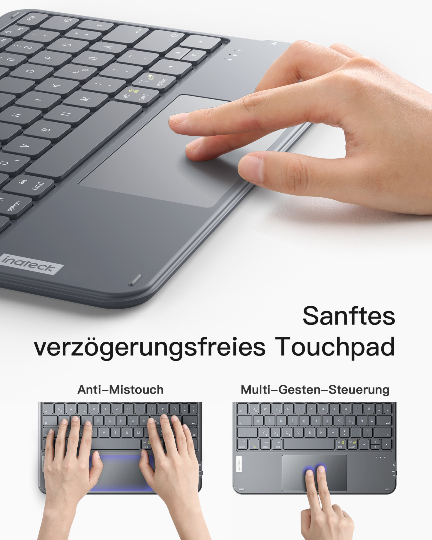 Die Hand einer Person interagiert mit einer Tastatur und einem Touchpad, mit Textüberlagerung.