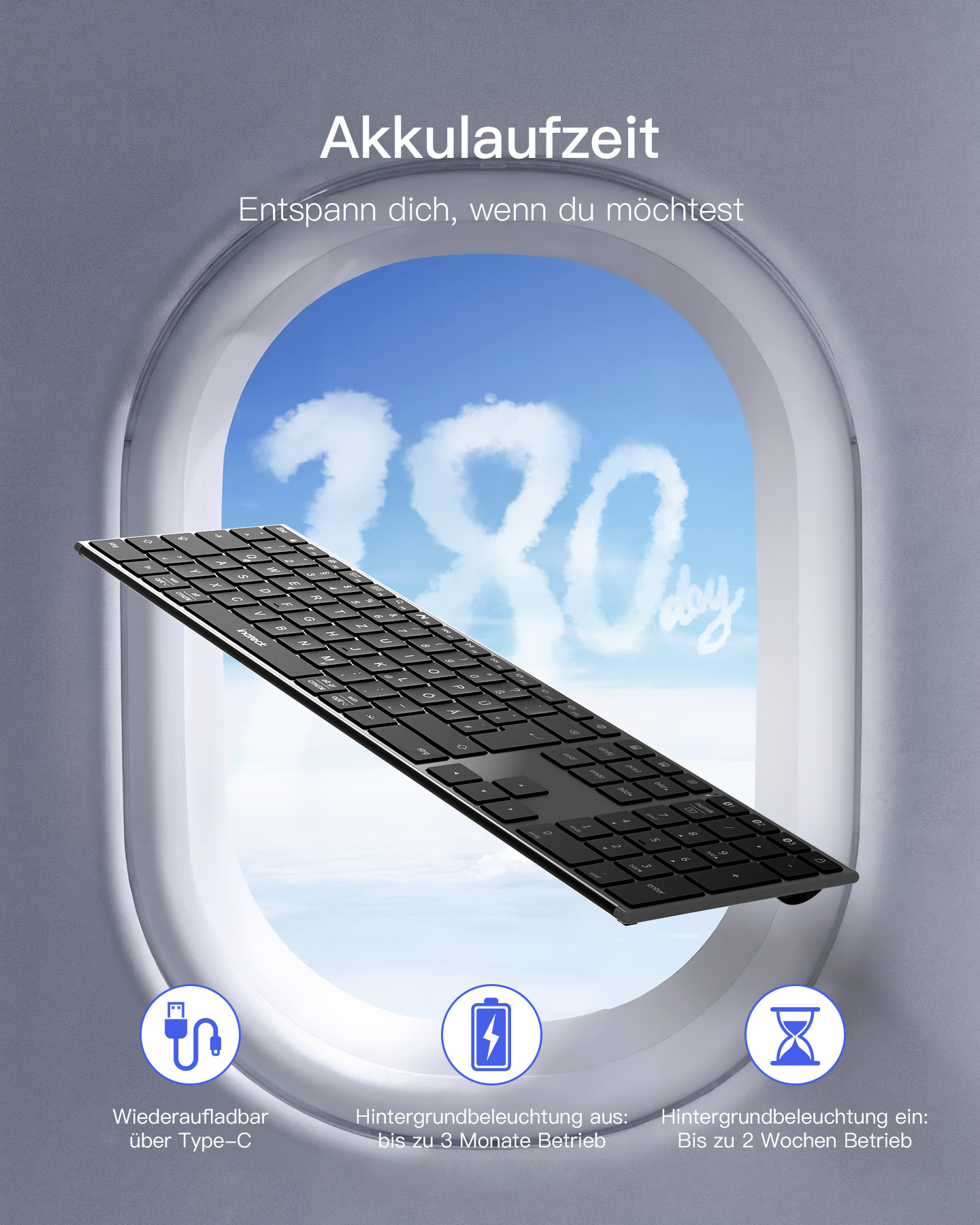 Eine Tastatur wird mit Blick auf ein Flugzeugfenster gezeigt, die Tastatur mit den Worten 280 Tage.