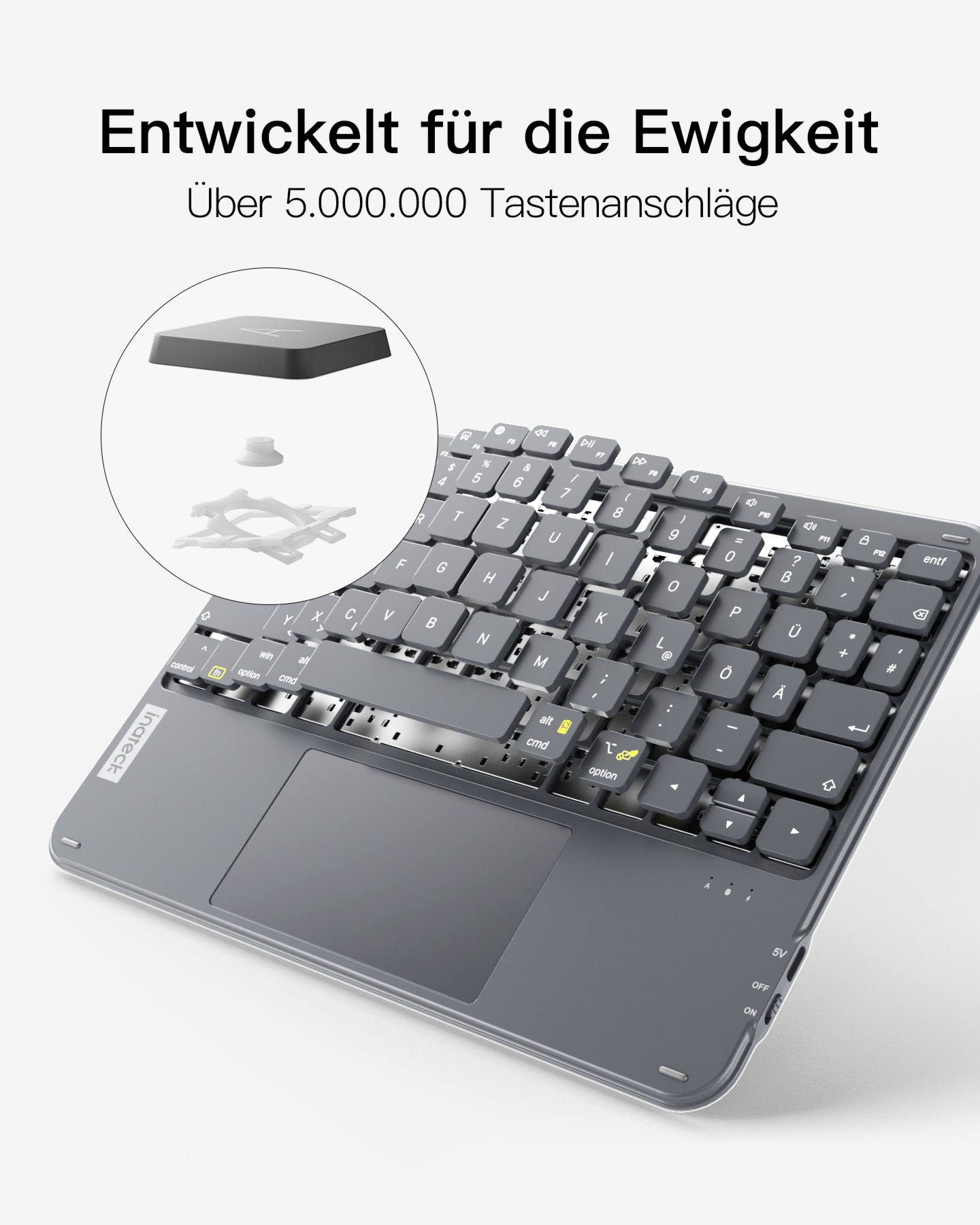 Tastatur mit Schnittansicht des Tastenmechanismus. Graue Tasten, weißer Hintergrund.