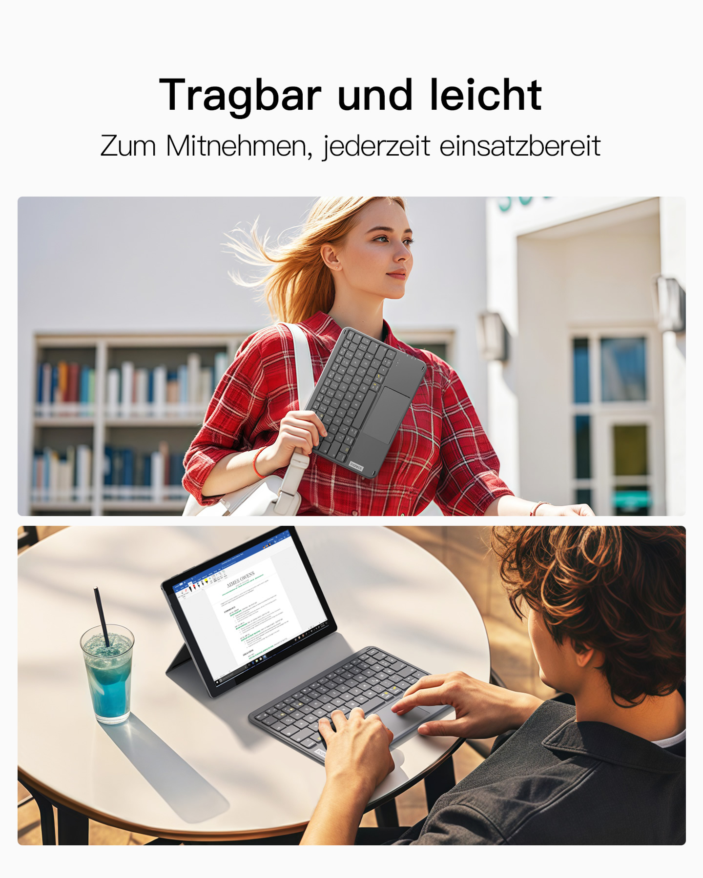 Zwei Bilder von Personen, die Tastatur benutzen. Frau geht, Person tippt am Schreibtisch.