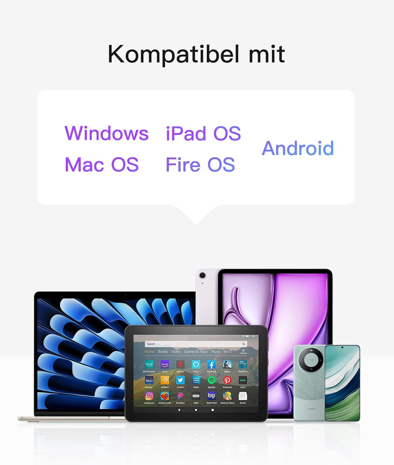 Geräte: Windows, iPad OS, Android, Mac OS, Fire OS, gezeigt mit Laptop, Tablets und Handys.