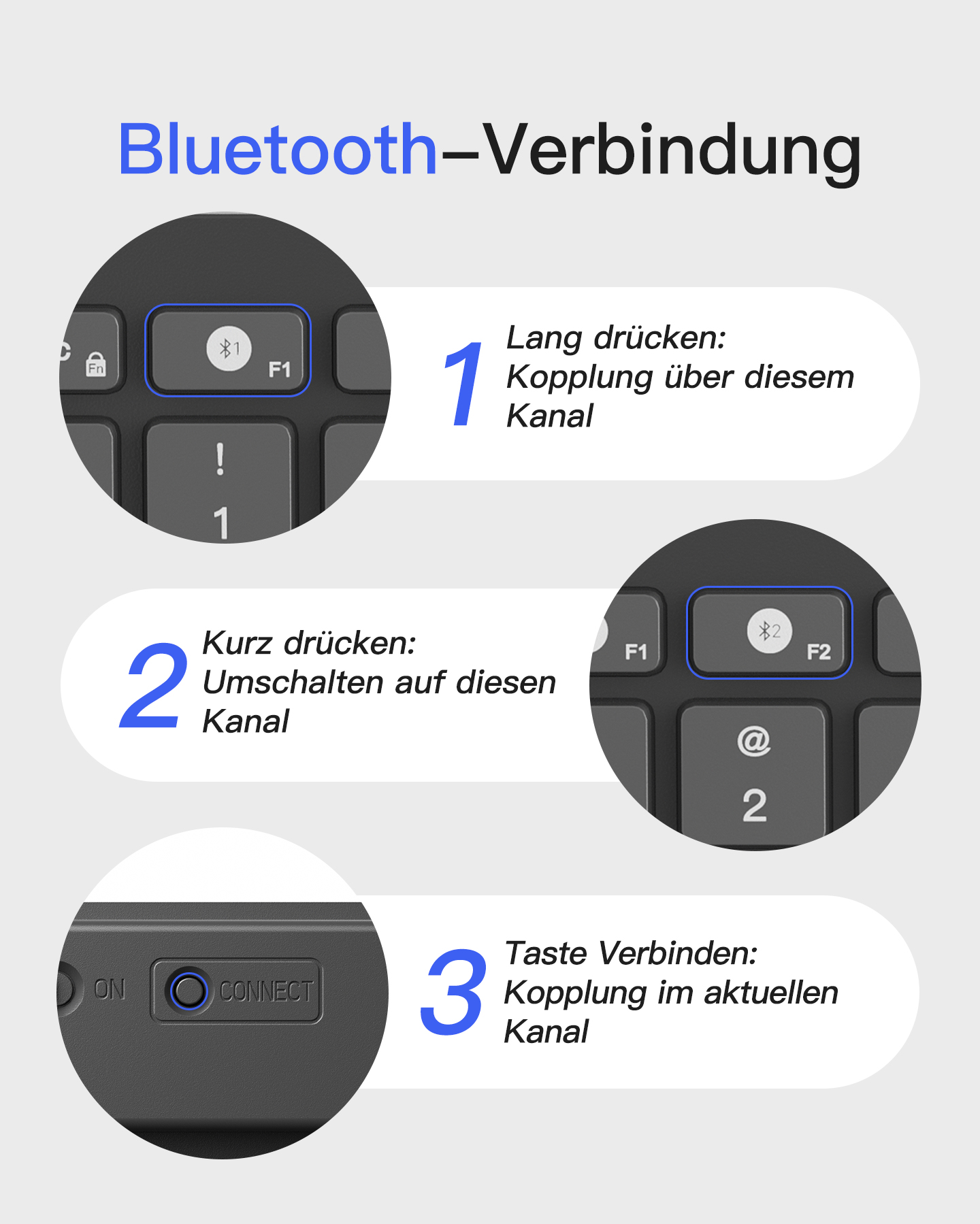 Nahaufnahme der Tastatur mit Bluetooth-Verbindungseinrichtung. Anweisungen und Tasten.