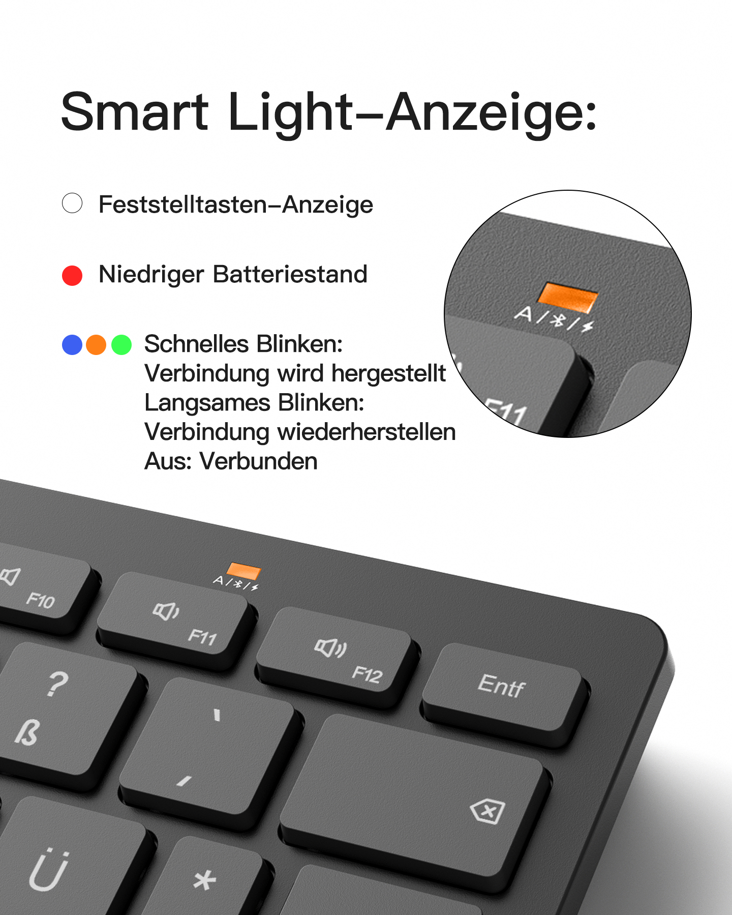 Nahaufnahme der Tastatur-Kontrollleuchten. Orange für Laden, grün für Verbindung.