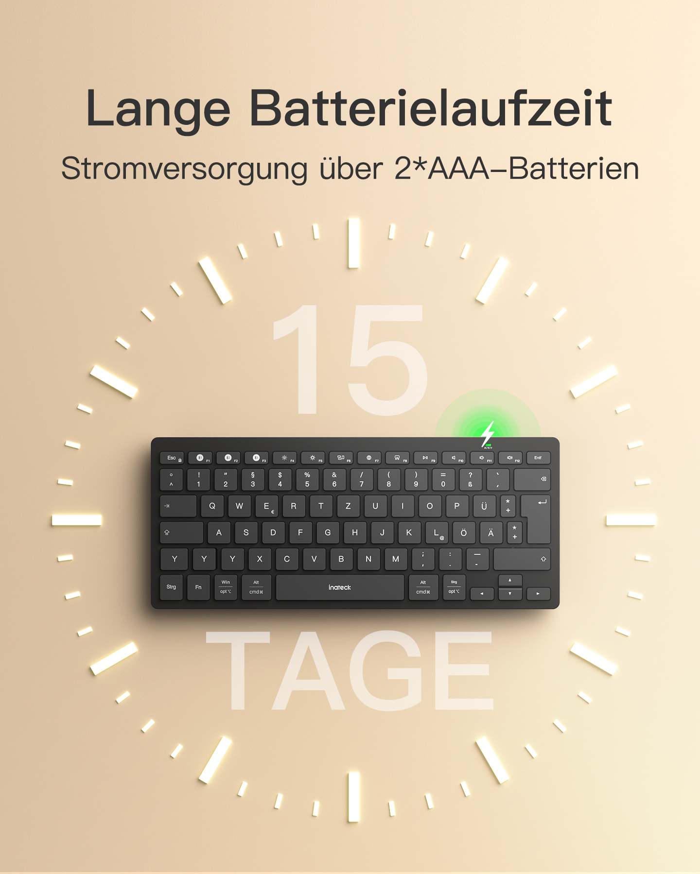 Schwarze Tastatur mit Tasten und weißen Ziffern, die Zahl 15 und das Wort TAGE, umgeben von einer Uhr.