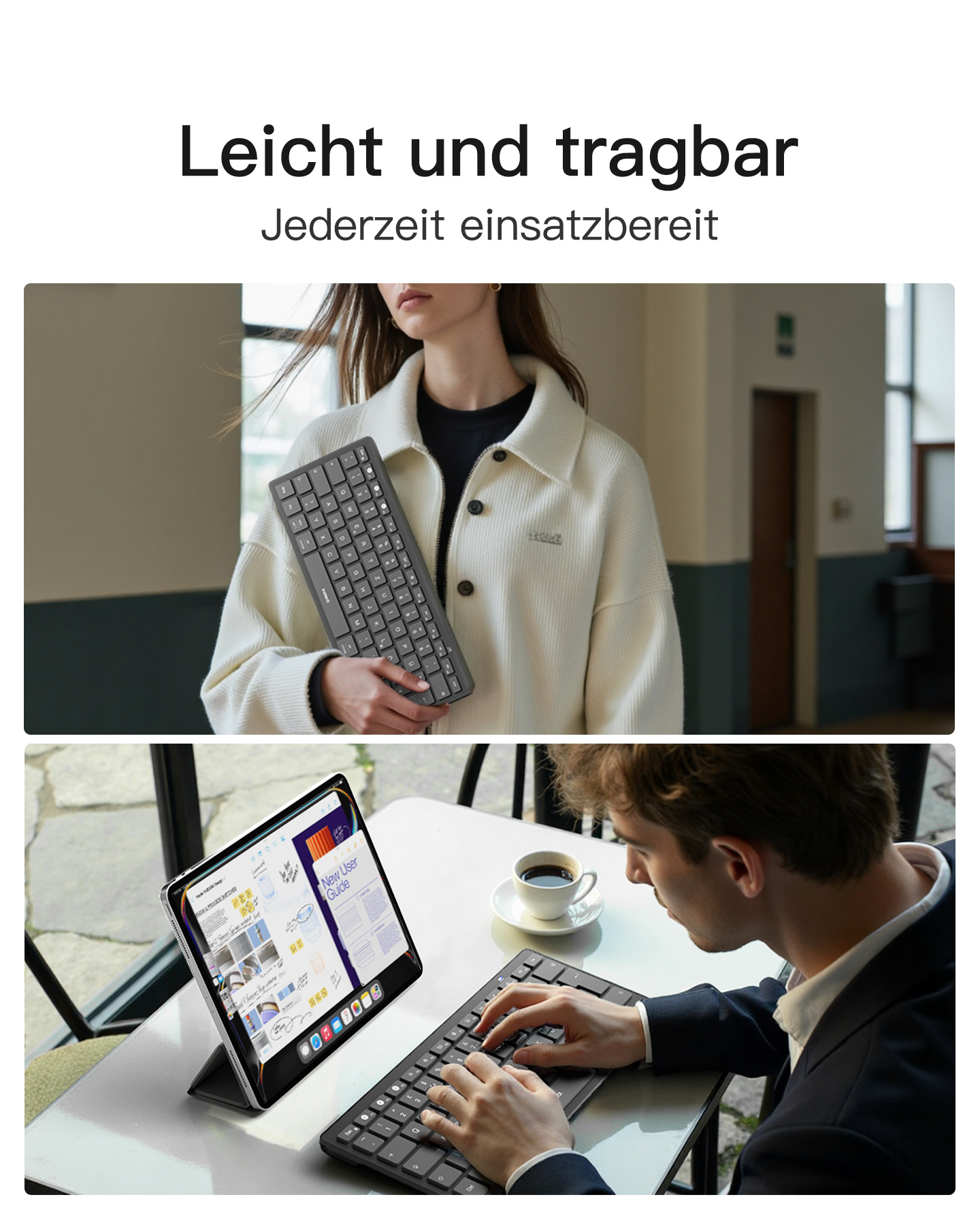 Eine Frau hält eine Tastatur, und ein Mann benutzt die Tastatur mit einem Tablet.