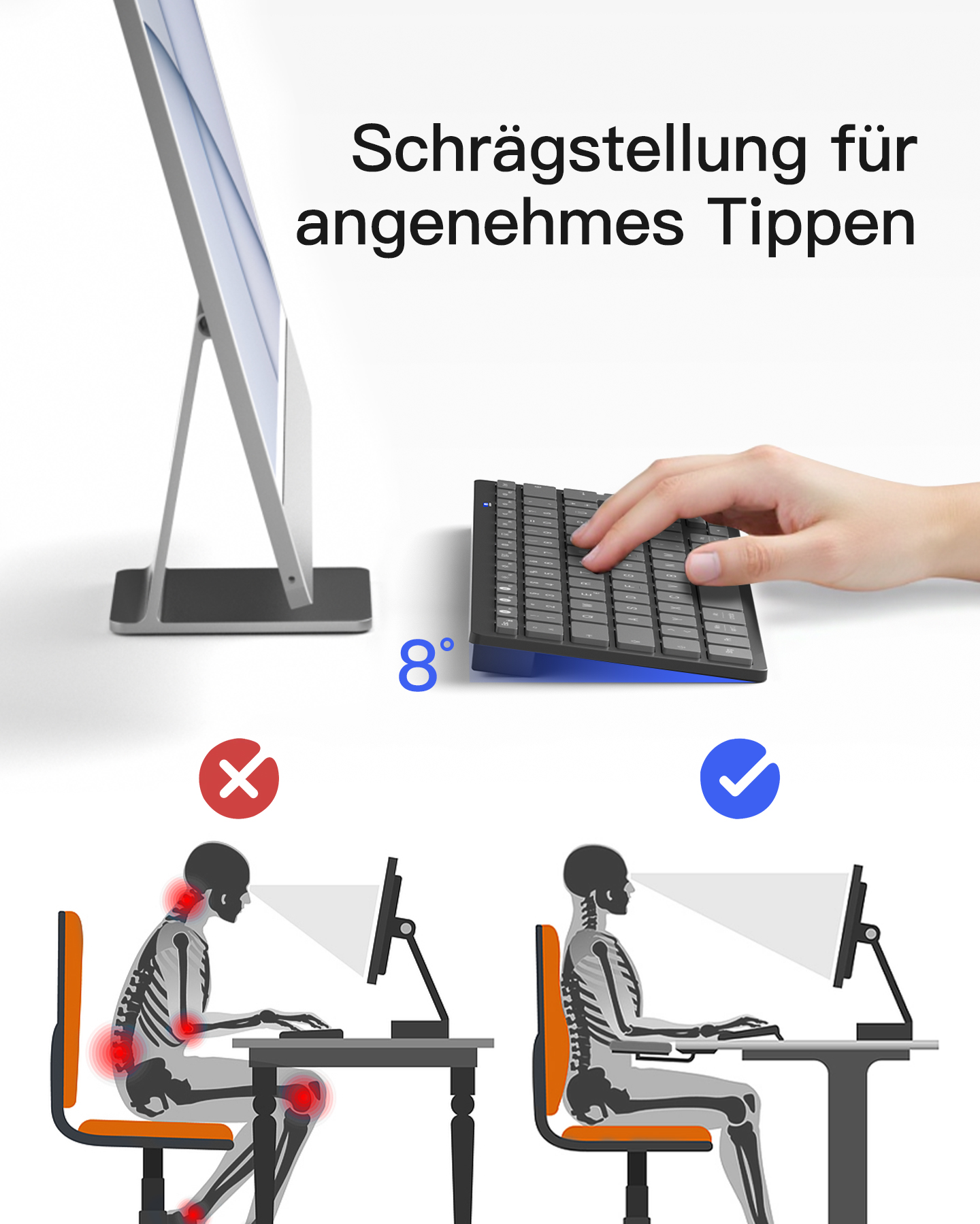 Eine Tastatur mit einem 8-Grad-Winkel mit einer Person, die sie benutzt, und ein Vergleich von guter und schlechter Haltung.