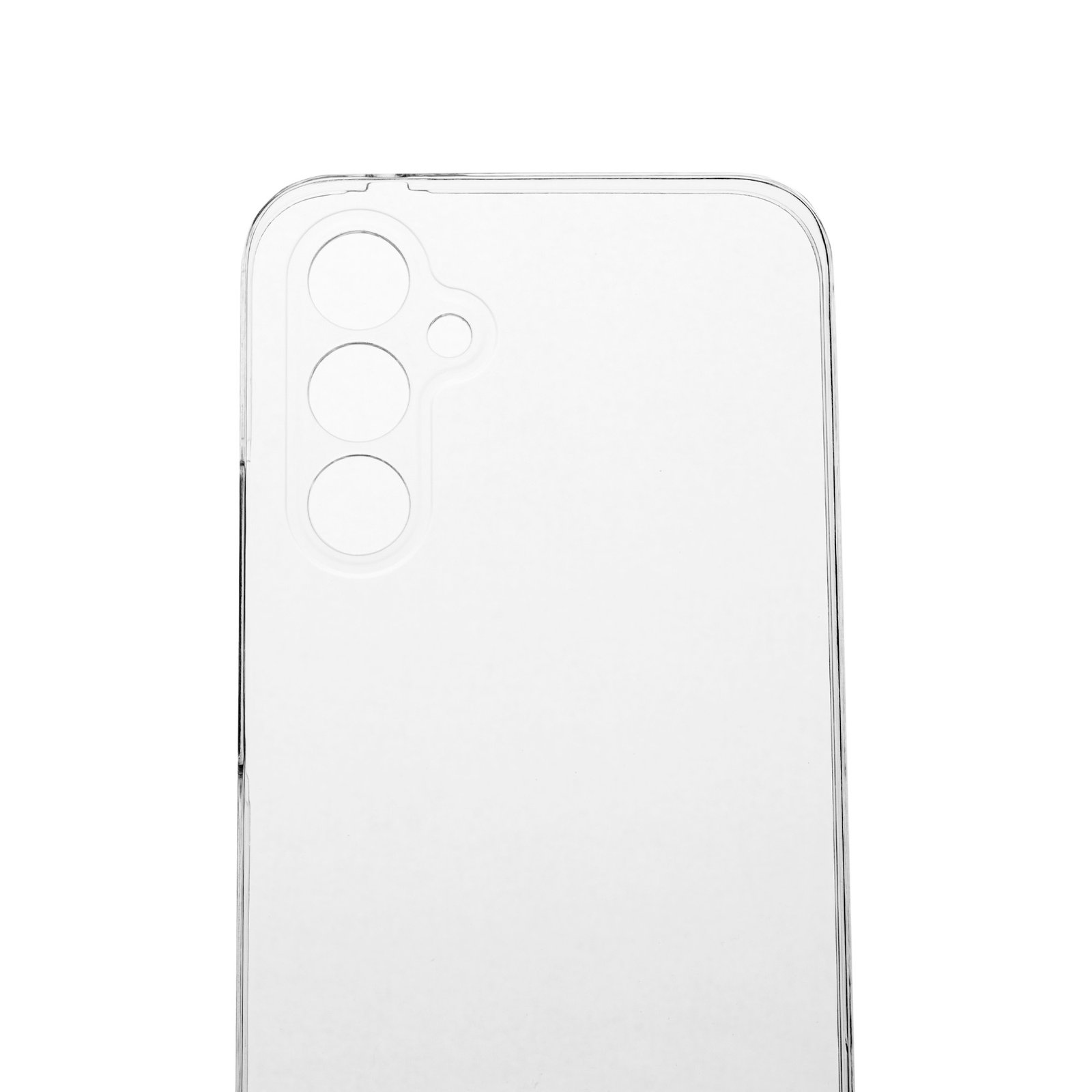 Funda trasera transparente con tres orificios para cámara y uno pequeño para luz. Fondo blanco.