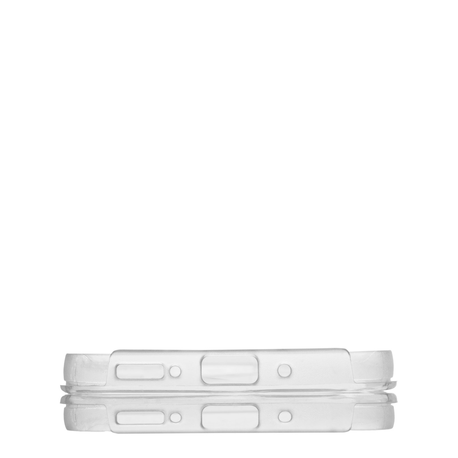 Dos fundas claras para teléfono, apiladas, con recortes rectangulares y redondos. Blanco.