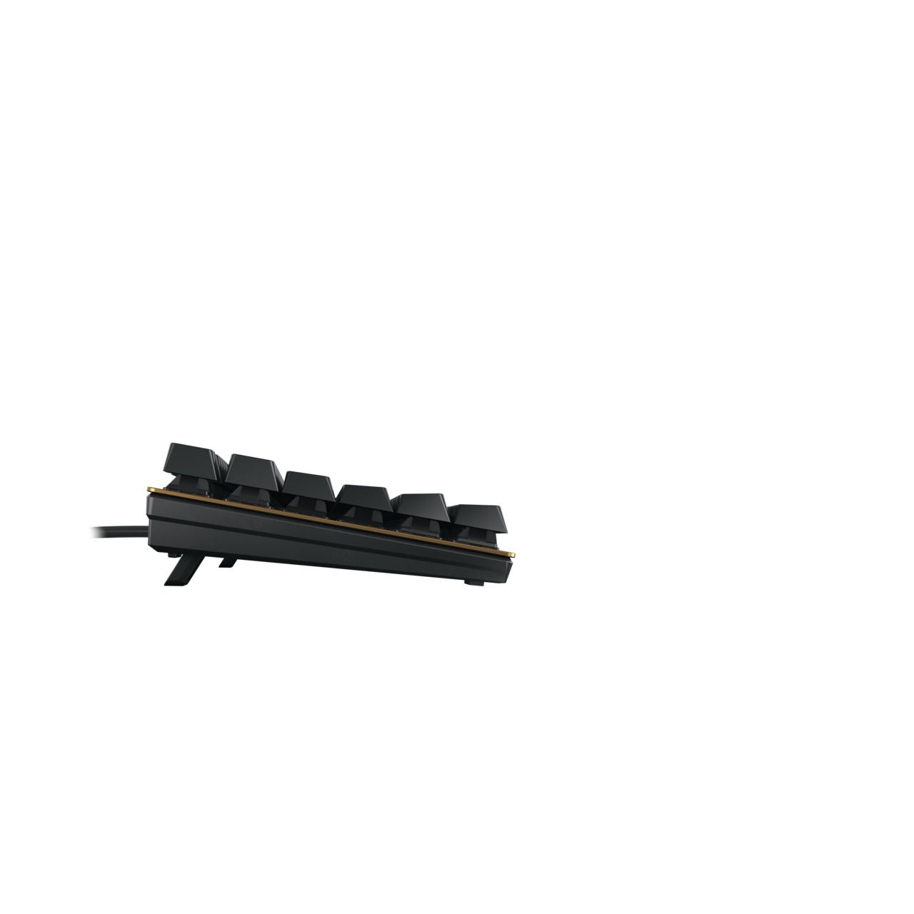 Widok z boku czarno-złotej klawiatury, widoczne klawisze.