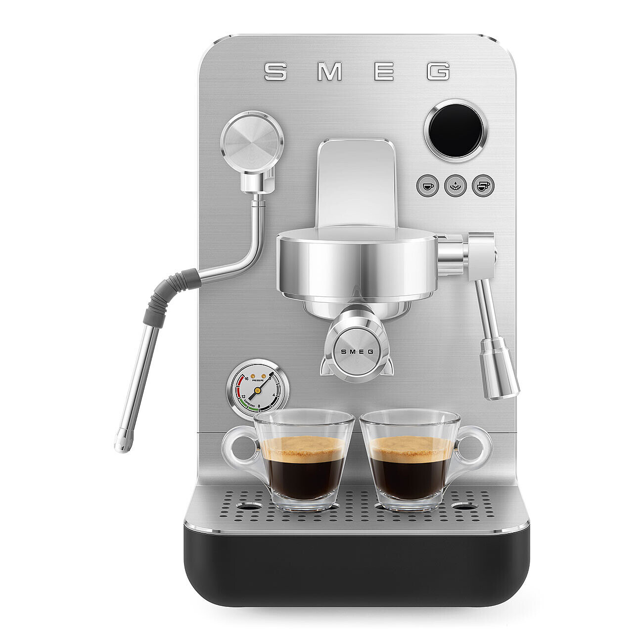 Eine silberne SMEG Espressomaschine mit zwei Espressotassen und einem Manometer.