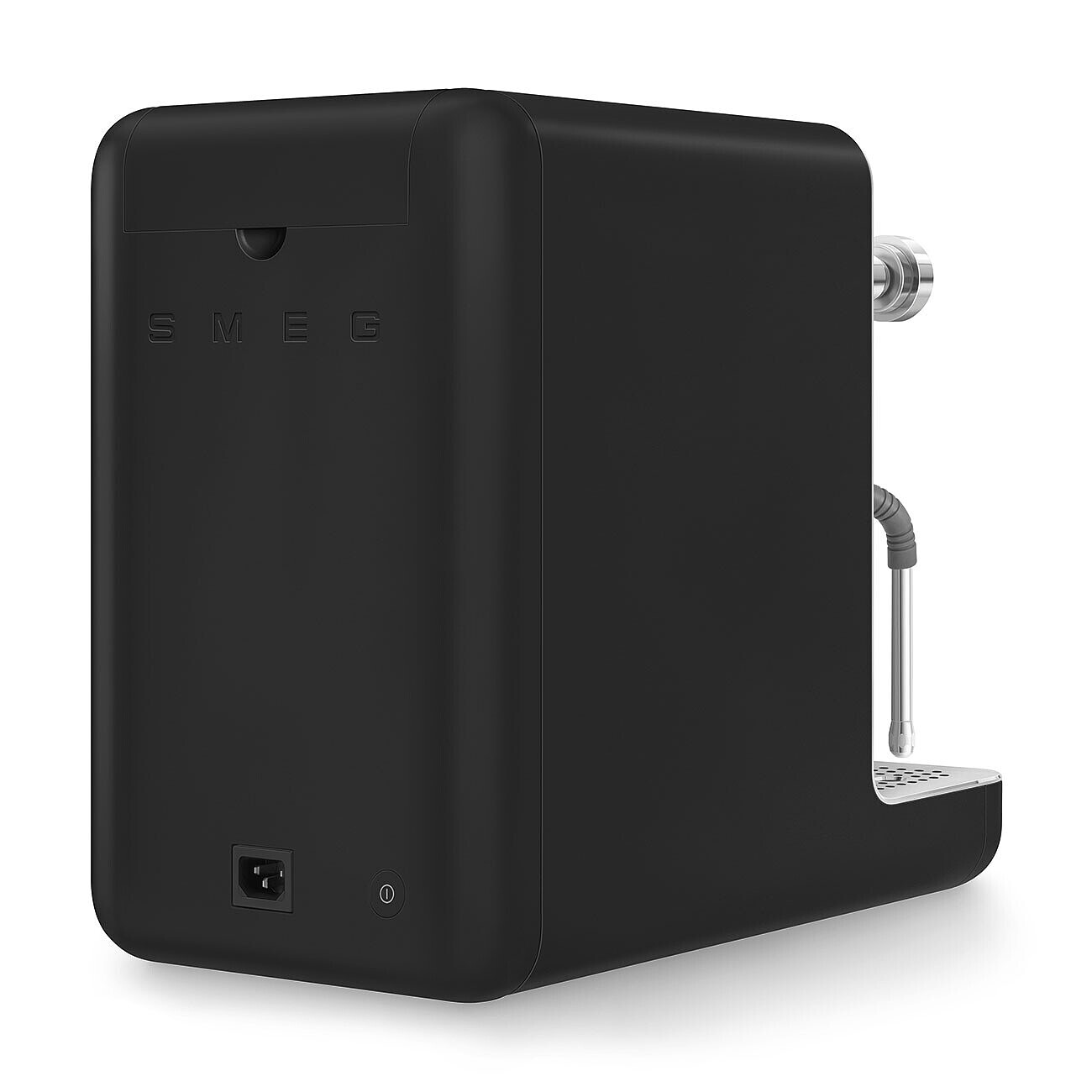 Smeg Espressomaschine, schwarze Rückseite mit Stromeingang und Knopf.
