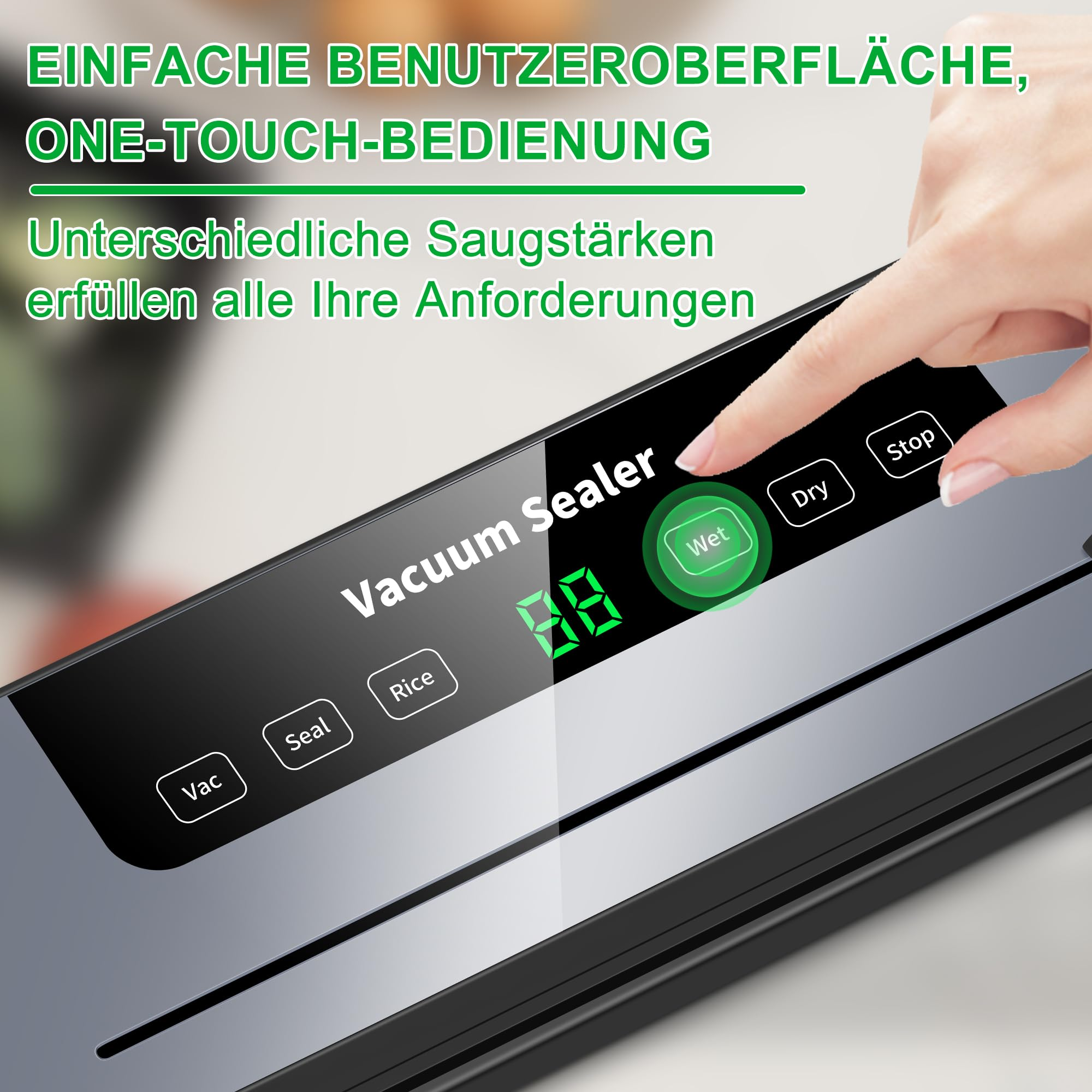 Nahaufnahme eines Vakuumversiegelungsgeräts. Eine Hand drückt die Taste „Wet“. Die Anzeige zeigt „88“.