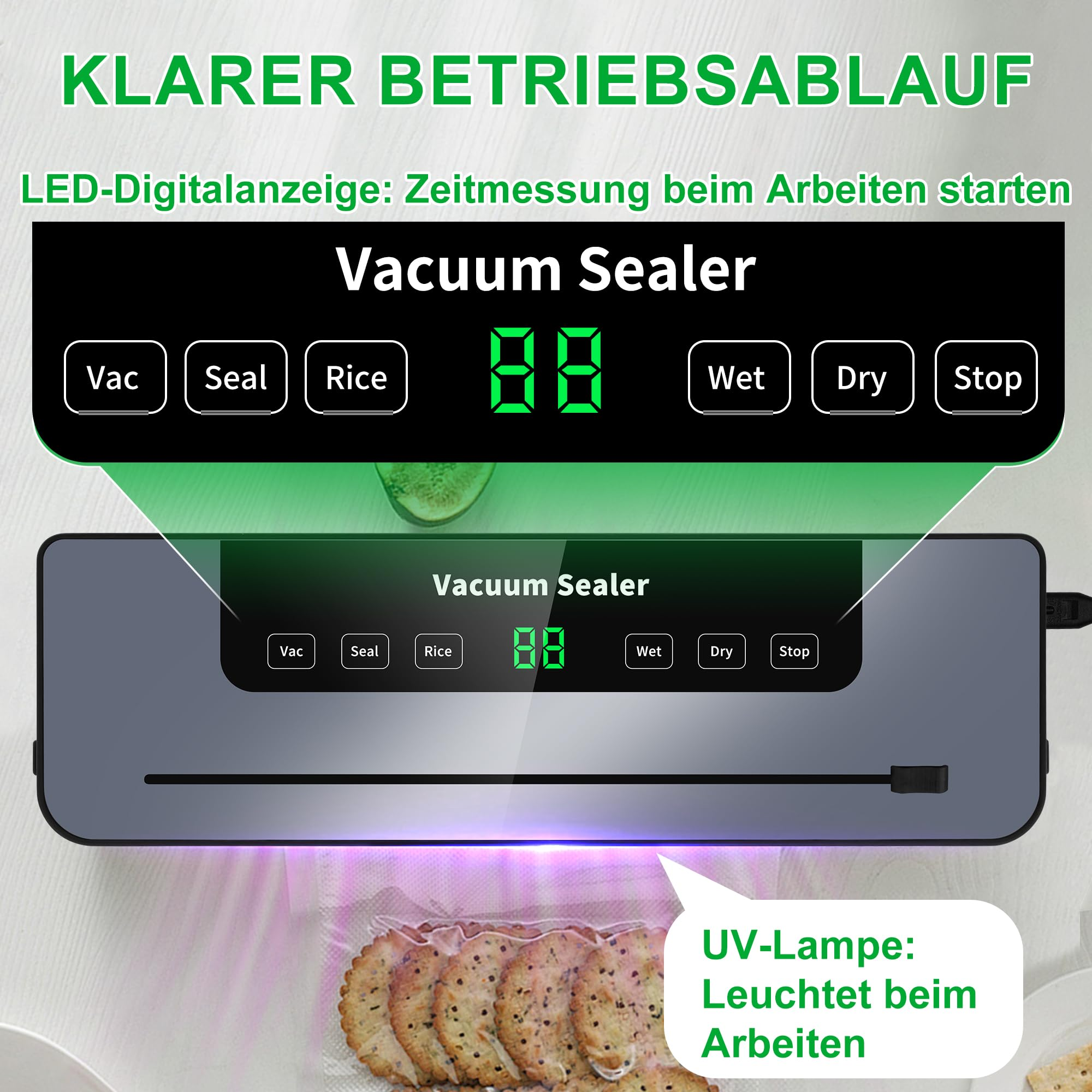 Vakuumiergerät mit Zeitanzeige und Knöpfen. Eine Tüte mit Essen ist innen.