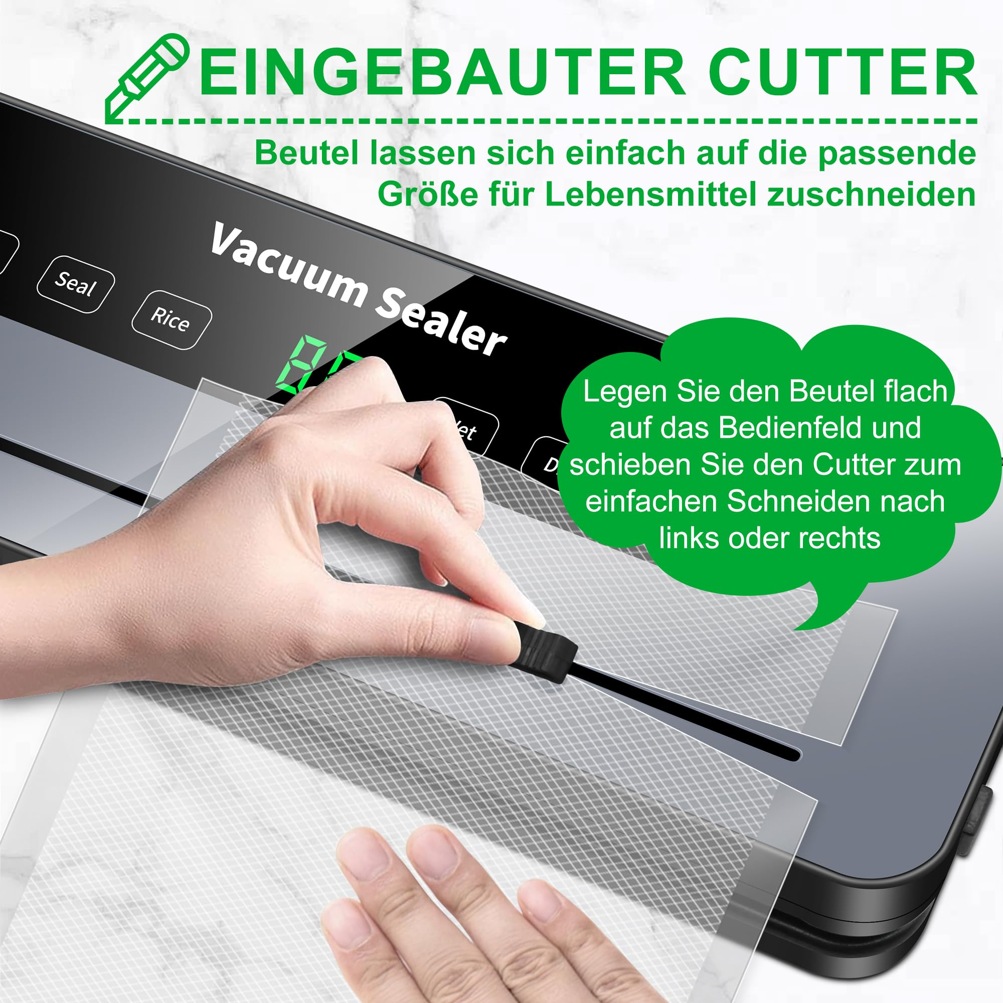 Eine Hand benutzt einen Vakuumierer. Der Versiegeler befindet sich auf einer grauen Oberfläche.