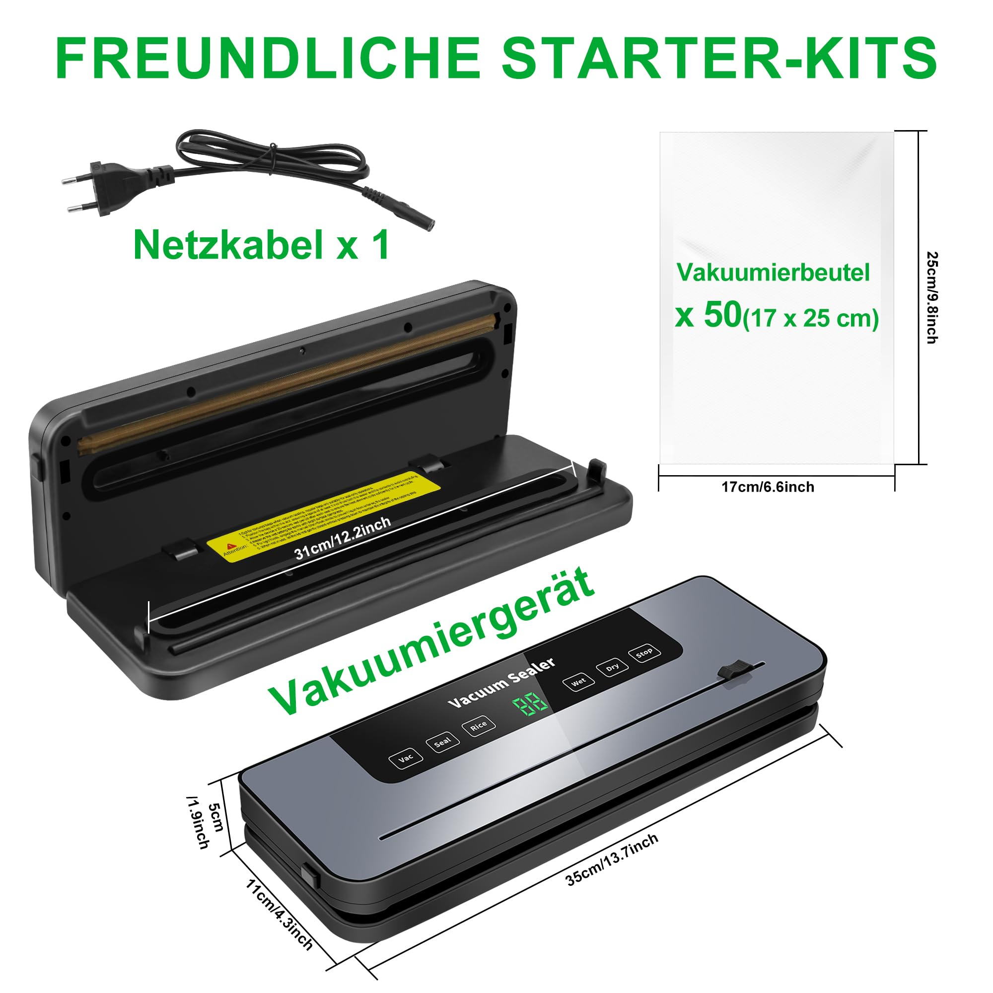 Vakuumiergerät und Zubehör auf weißem Hintergrund mit Messetiketten.