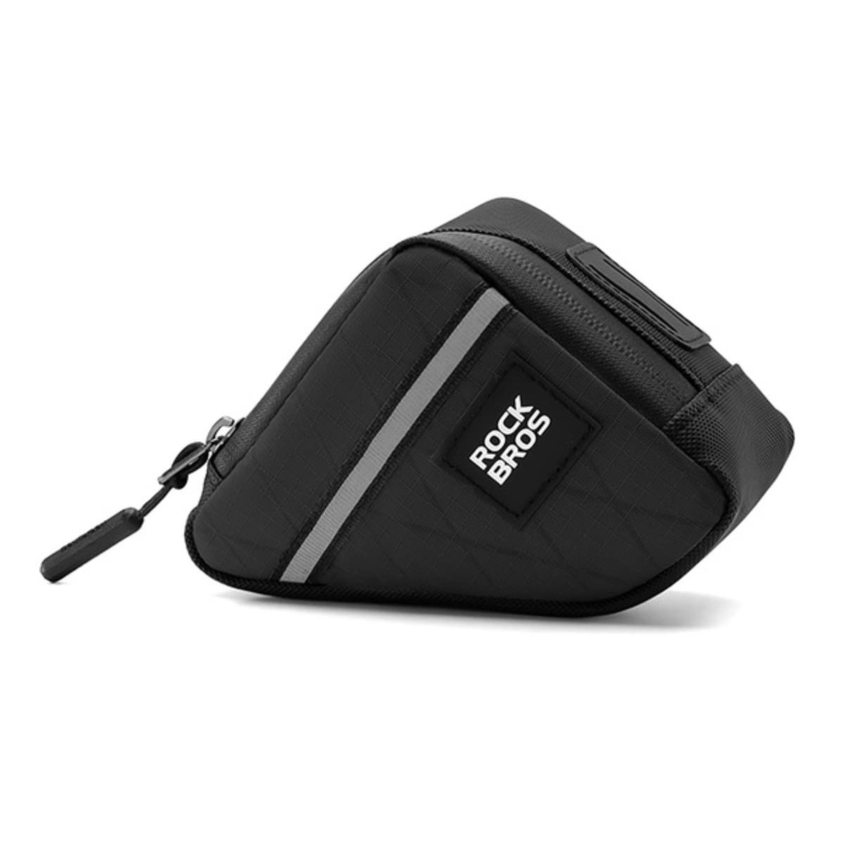 Eine schwarze, dreieckige Fahrradtasche mit einem reflektierenden Streifen und einem weißen „ROCK BROS“-Logo.