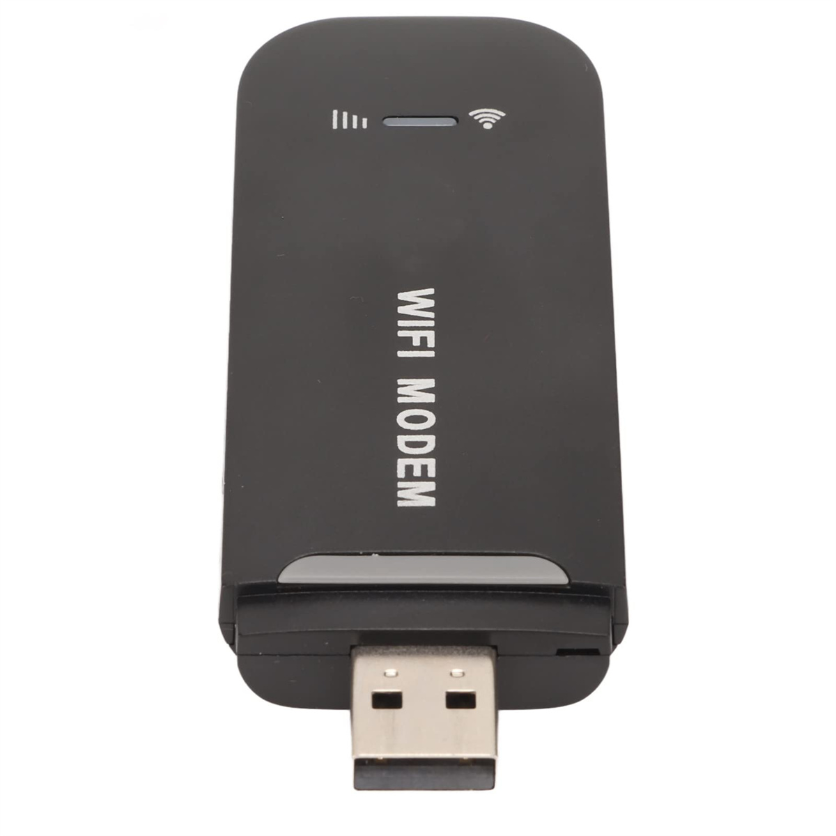 Ein schwarzes WLAN-Modem mit USB-Anschluss liegt auf weißem Untergrund.