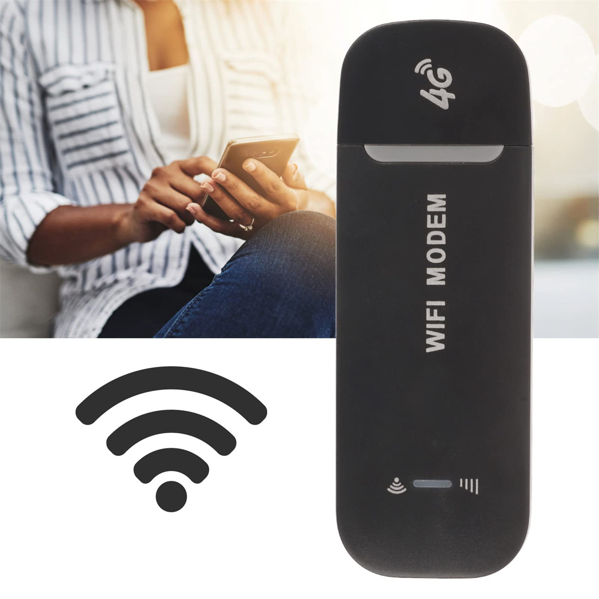 Eine Person, die ein Telefon benutzt, und ein schwarzes WLAN-Modem mit dem WLAN-Symbol.