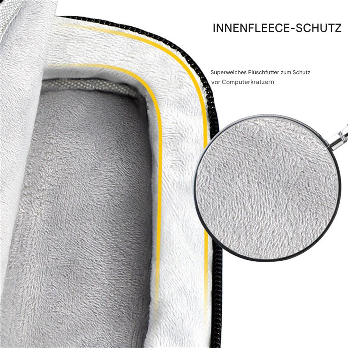 Nahaufnahme des Inneren einer grauen Laptoptasche, die ein weiches, plüschiges Innere zeigt.