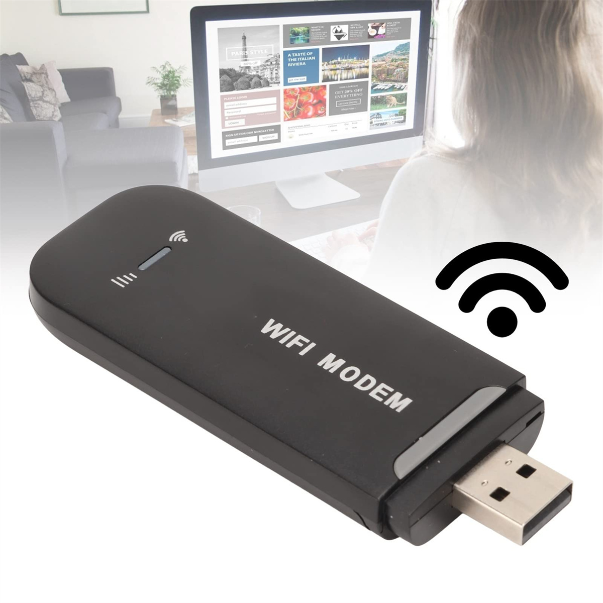 Ein schwarzes WLAN-Modem mit USB-Anschluss und WLAN-Symbol, eine Person, die einen Computer benutzt.