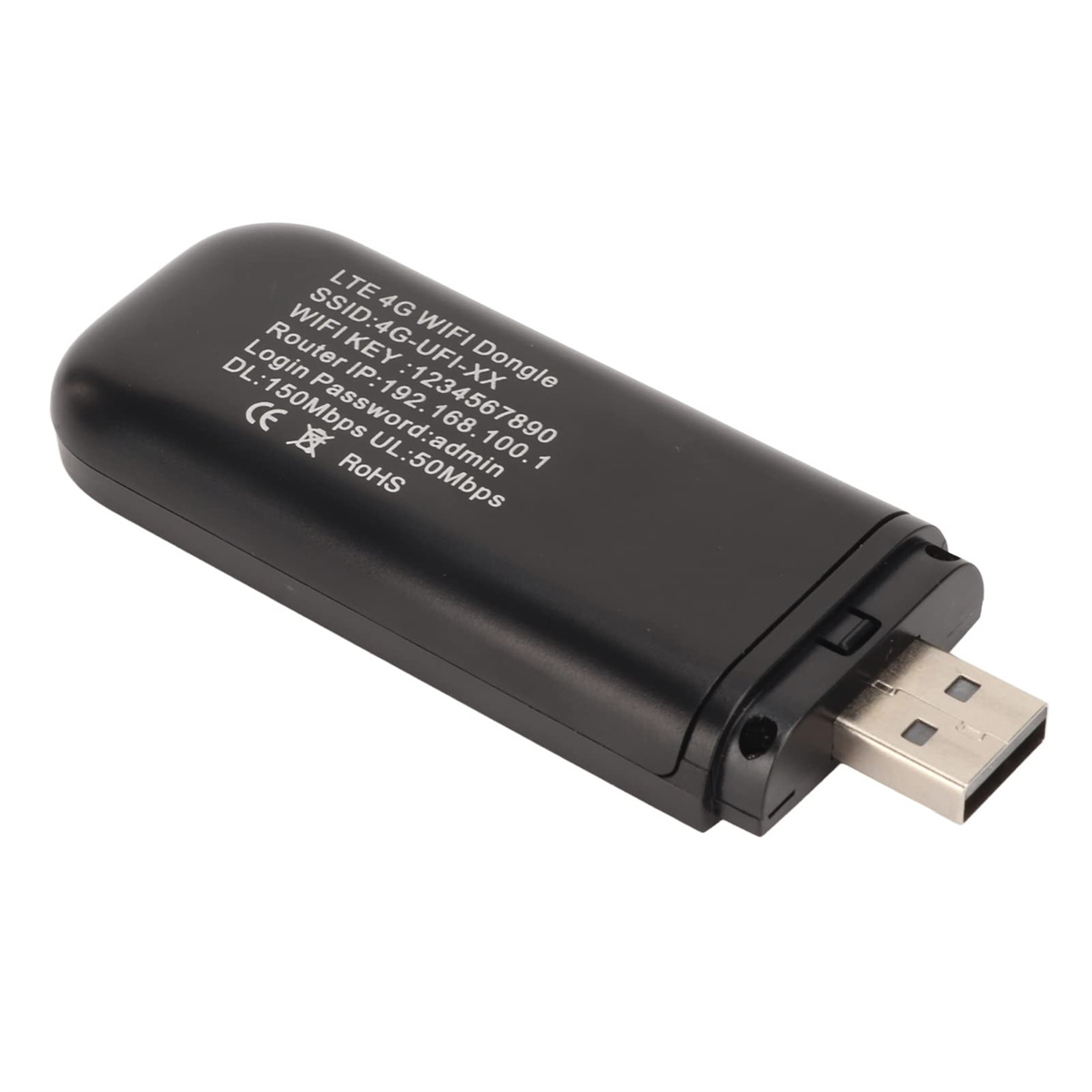 Nahaufnahme eines schwarzen WLAN-Modems mit USB-Anschluss, mit Text und Informationen.