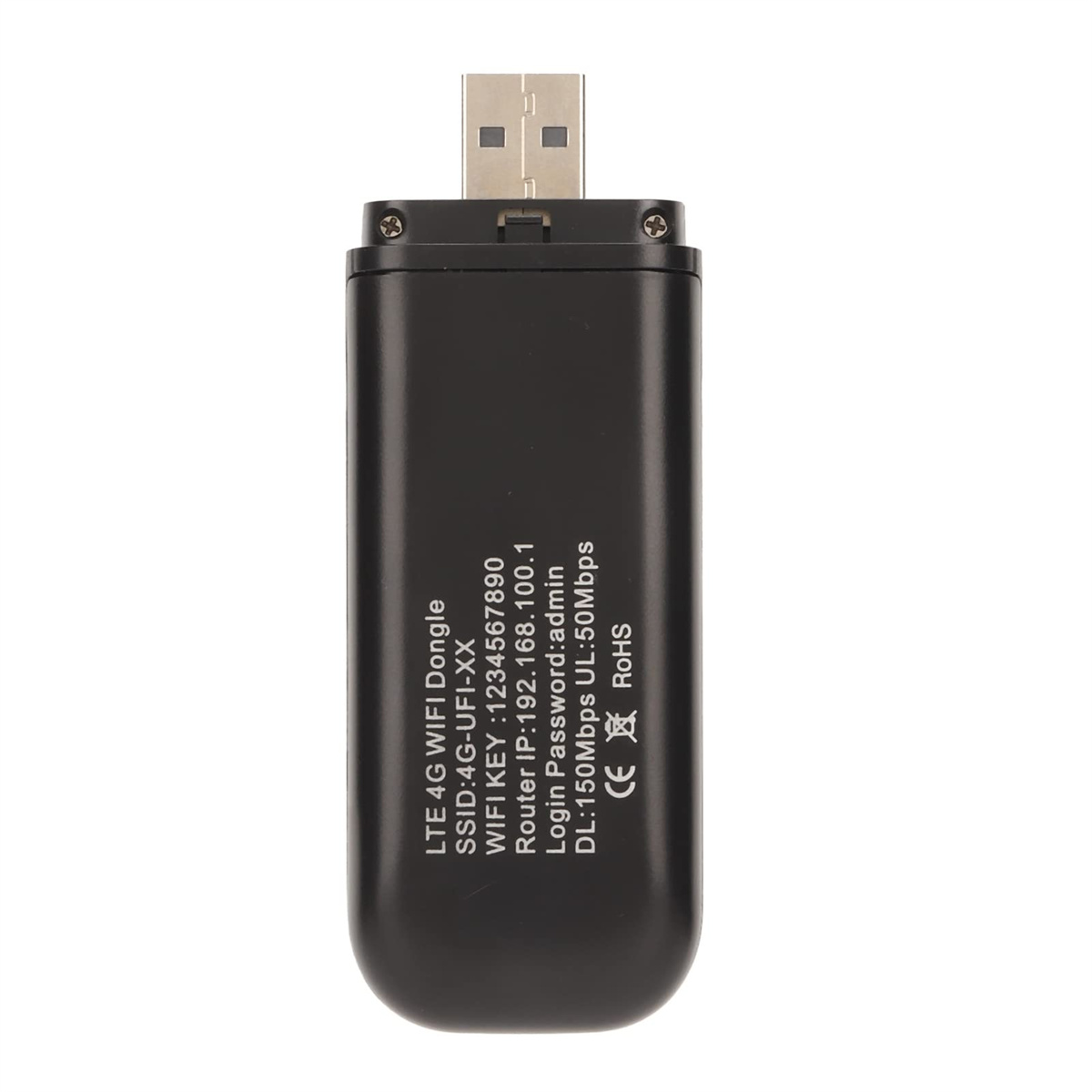 Schwarzer USB-WLAN-Dongle mit Text, der Spezifikationen angibt. Der Hintergrund ist schlicht weiß.
