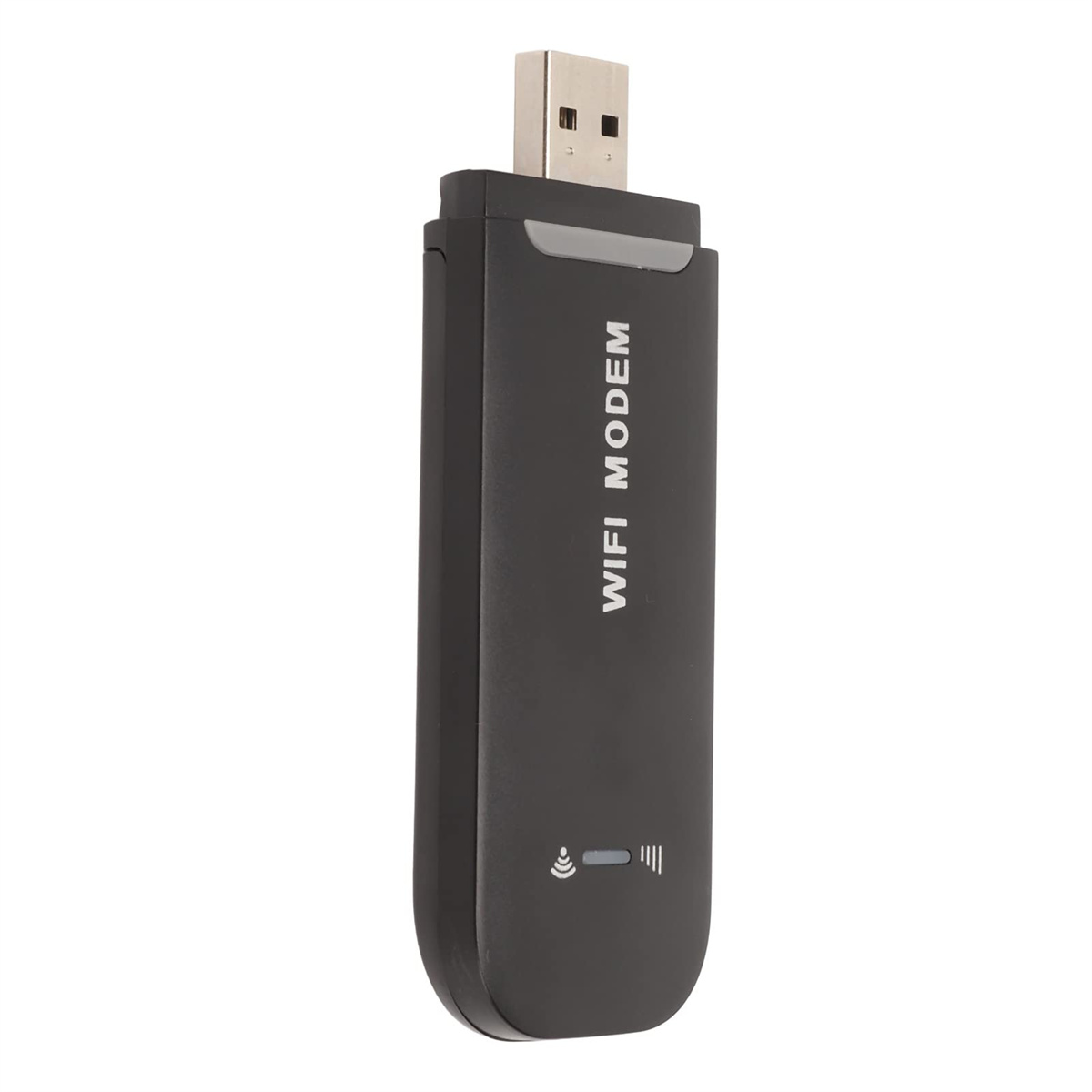 Schwarzes USB-WLAN-Modem. Text lautet "WIFI MODEM". Es gibt ein Licht, das die Signalstärke anzeigt.