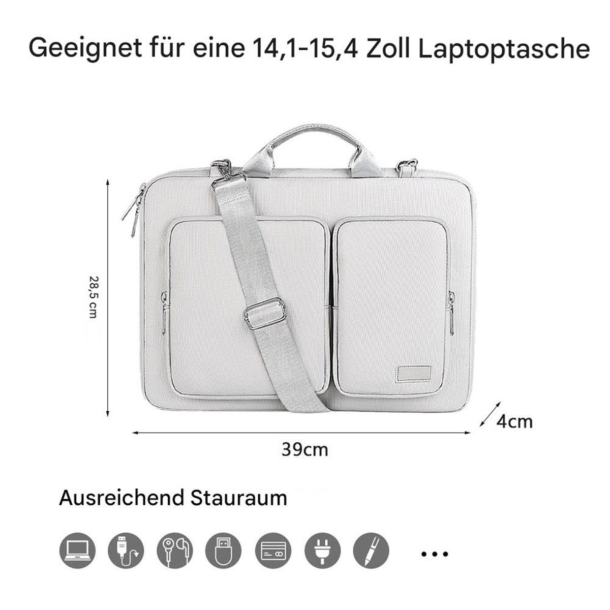 Eine graue Laptoptasche mit Abmessungen und Symbolen. Sie hat einen Griff und Schultergurt.