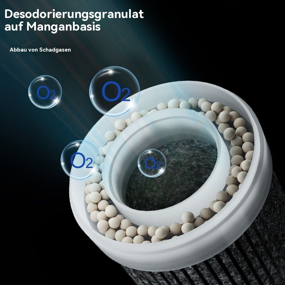 Nahaufnahme von Filterkügelchen mit O2-Symbolen. Es ist Teil eines schwarzen Filters.
