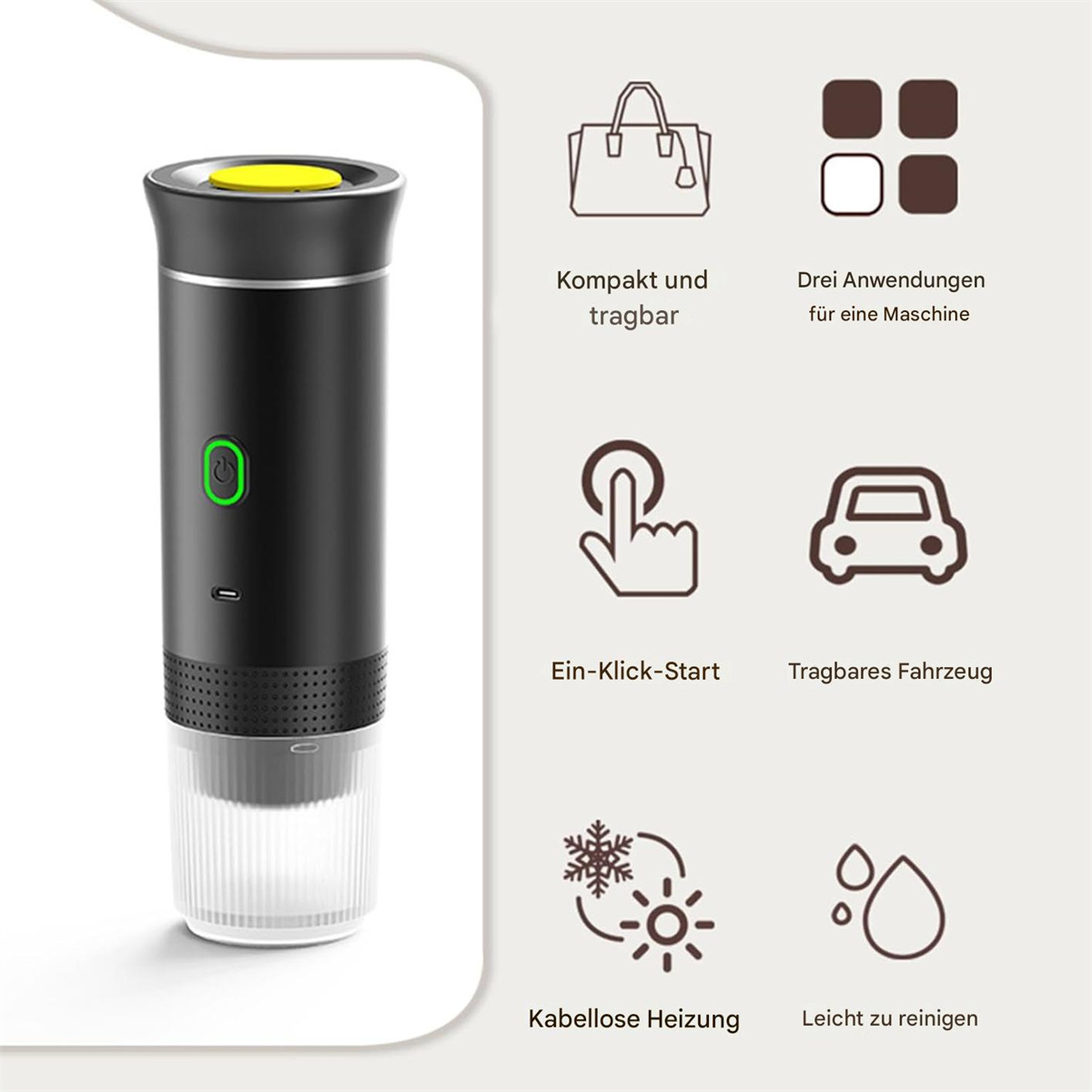Schwarzes Gerät mit gelbem Knopf. Zeigt Funktionen wie kompaktes Design, One-Click-Start und kabelloses Heizen.